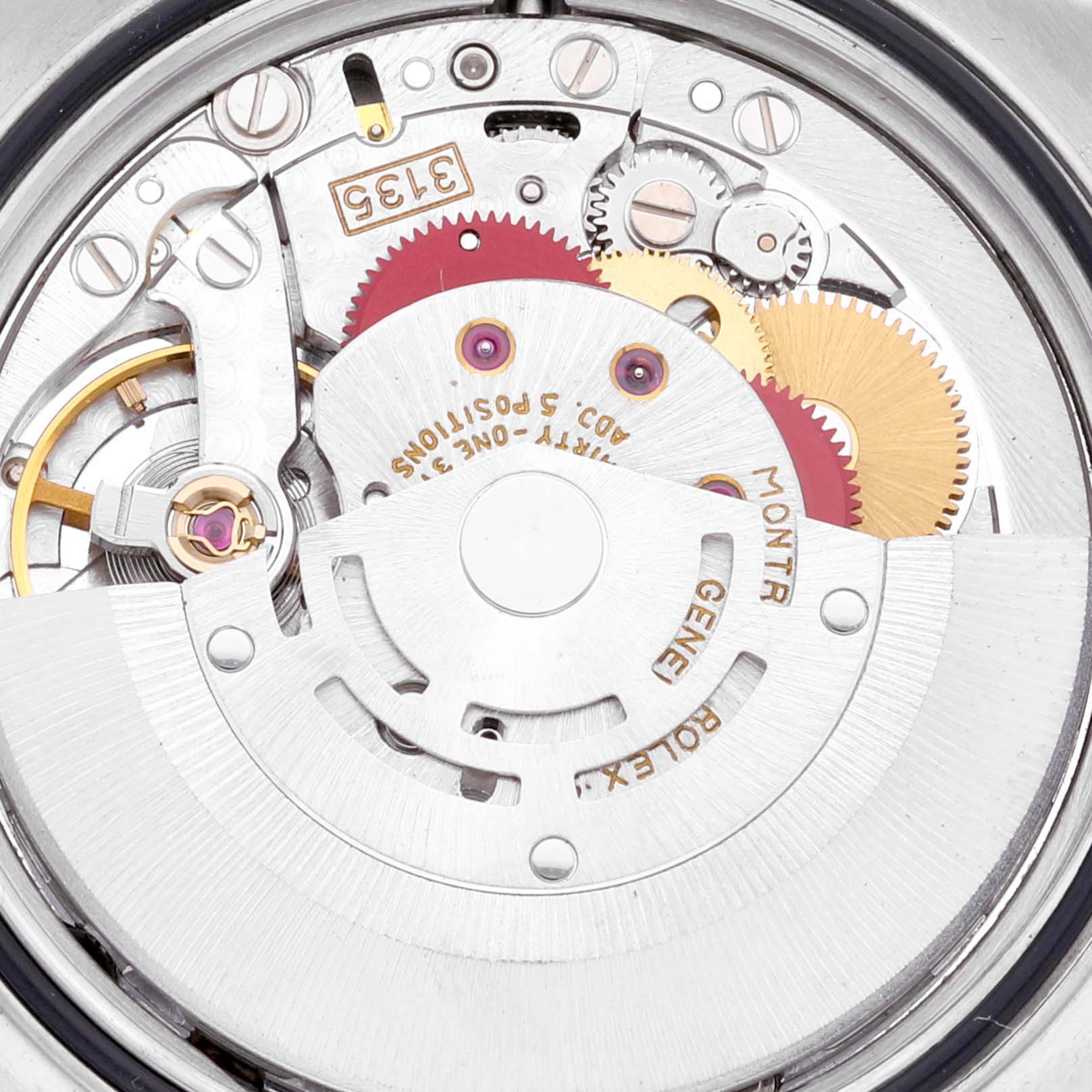 This image shows the movement and internal mechanism of a Rolex Datejust 16233 Men's Steel and Gold (two tone) Champagne Dial 16233 Men's Steel and Gold (two tone) Champagne Dial watch from a top-down angle.