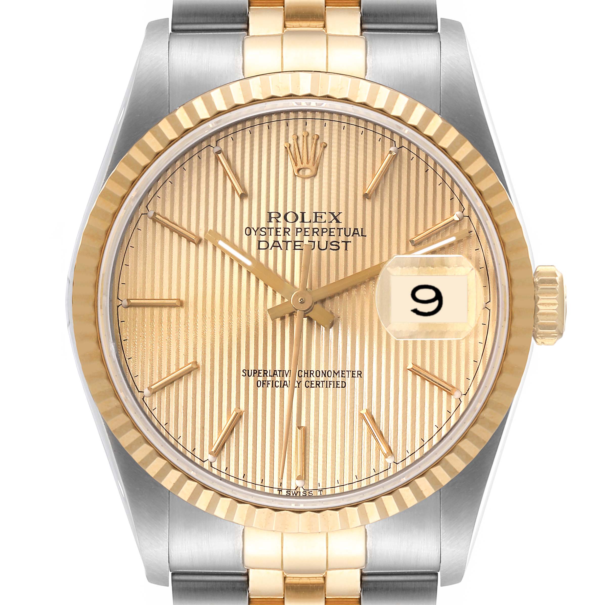 This image shows a front view of the Rolex Datejust 16233 Men's Steel and Gold (two tone) Champagne Dial 16233 Men's Steel and Gold (two tone) Champagne Dial watch, featuring a gold fluted bezel, champagne dial, and two-tone bracelet.
