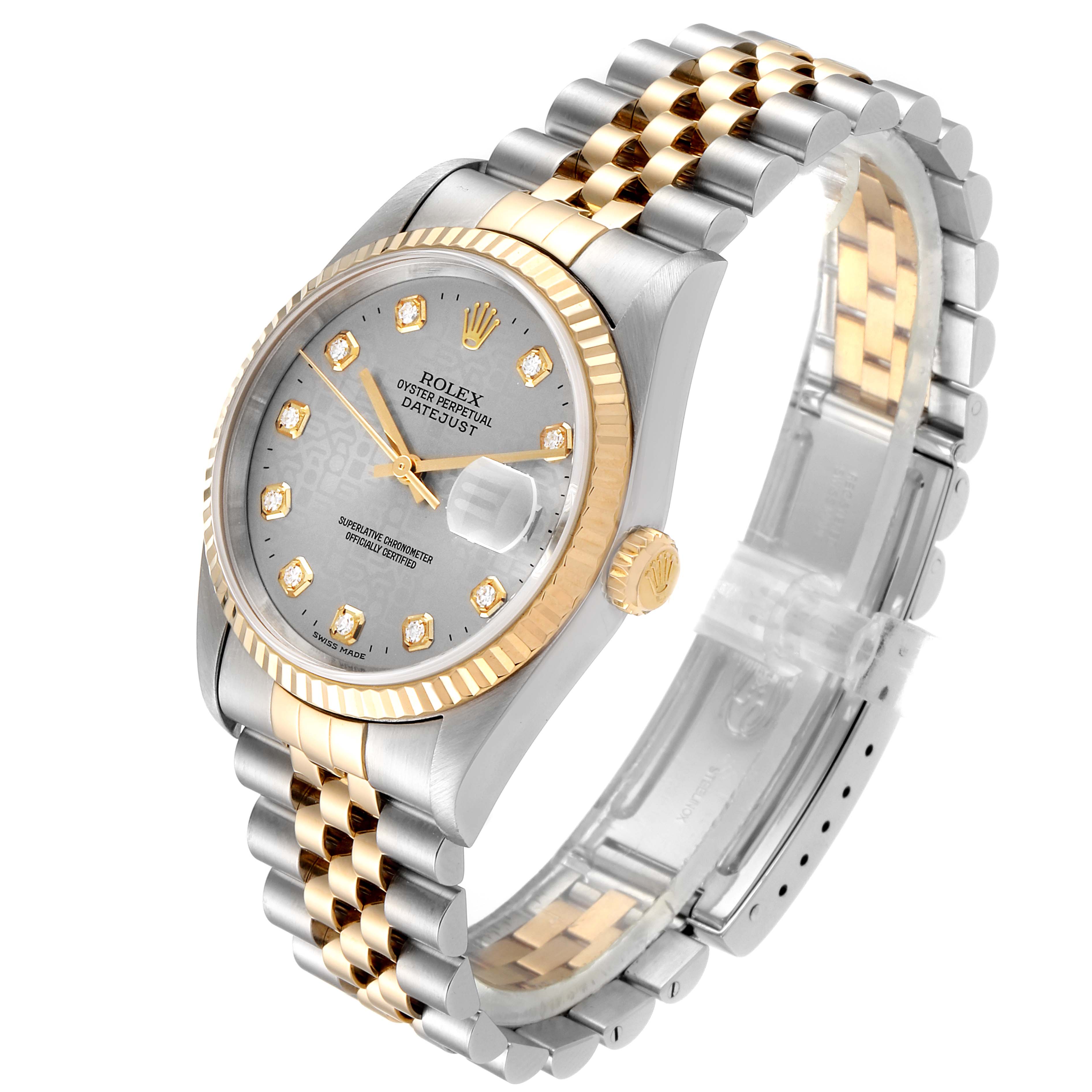 The image shows a Rolex Datejust 16233 Men's Steel and Gold (two tone) Silver Dial 16233 Men's Steel and Gold (two tone) Silver Dial watch at a three-quarter angle, highlighting the dial, bezel, and two-tone bracelet.