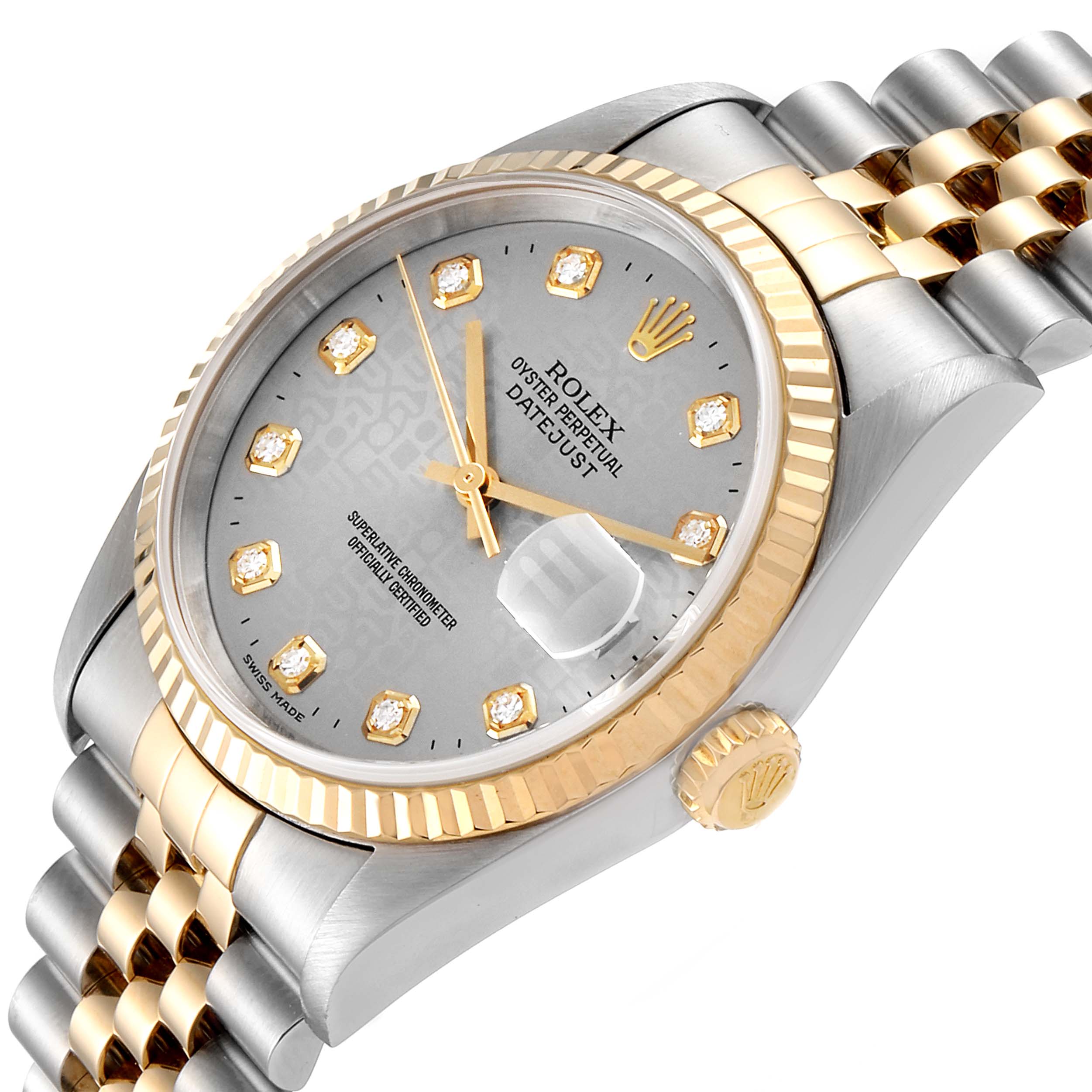This Rolex Datejust 16233 Men's Steel and Gold (two tone) Silver Dial 16233 Men's Steel and Gold (two tone) Silver Dial watch is shown at a three-quarter angle, highlighting the face, bezel, crown, and bracelet.
