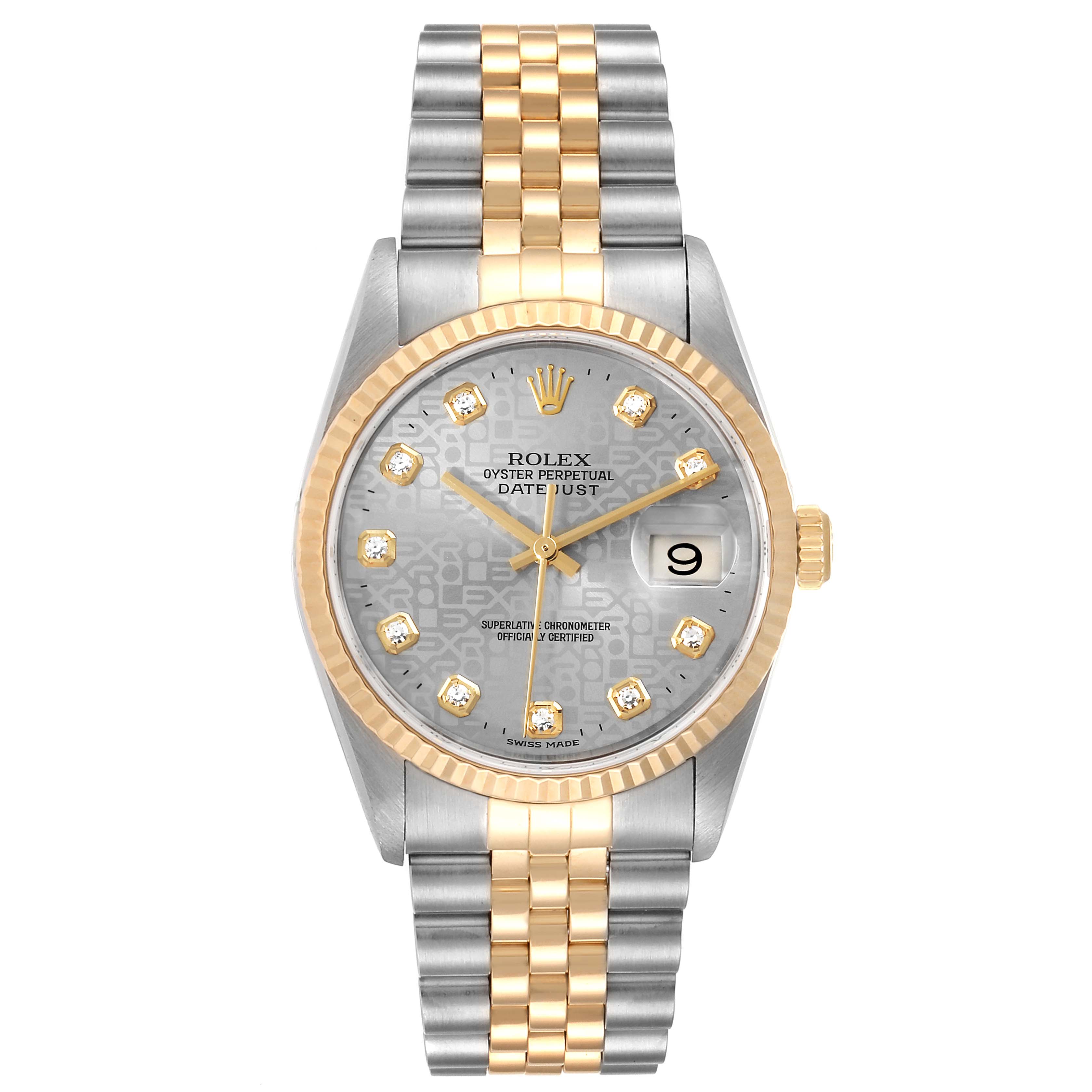 This image shows a frontal view of the Rolex Datejust 16233 Men's Steel and Gold (two tone) Silver Dial 16233 Men's Steel and Gold (two tone) Silver Dial watch, featuring a silver and gold bracelet, and a silver dial with diamond hour markers.