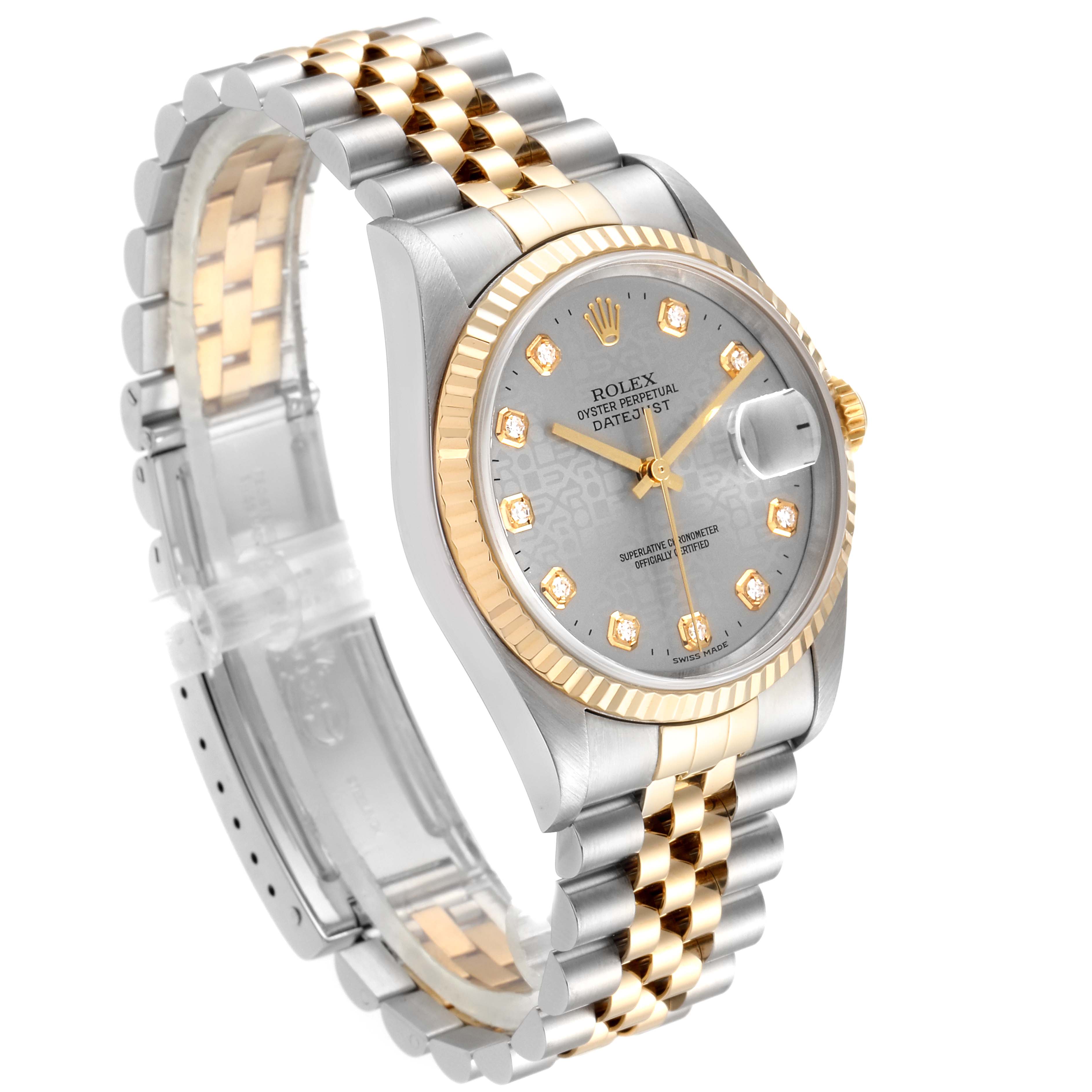 This image shows a Rolex Datejust 16233 Men's Steel and Gold (two tone) Silver Dial 16233 Men's Steel and Gold (two tone) Silver Dial watch at a three-quarter angle, highlighting its face, two-tone bracelet, and bezel.