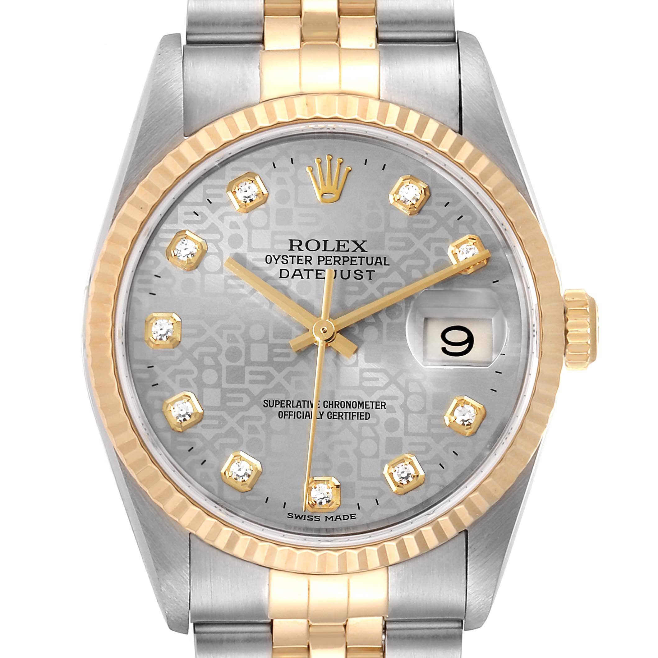 This image shows a frontal view of the Rolex Datejust 16233 Men's Steel and Gold (two tone) Silver Dial 16233 Men's Steel and Gold (two tone) Silver Dial watch, focusing on the dial, bezel, crown, and part of the bracelet.