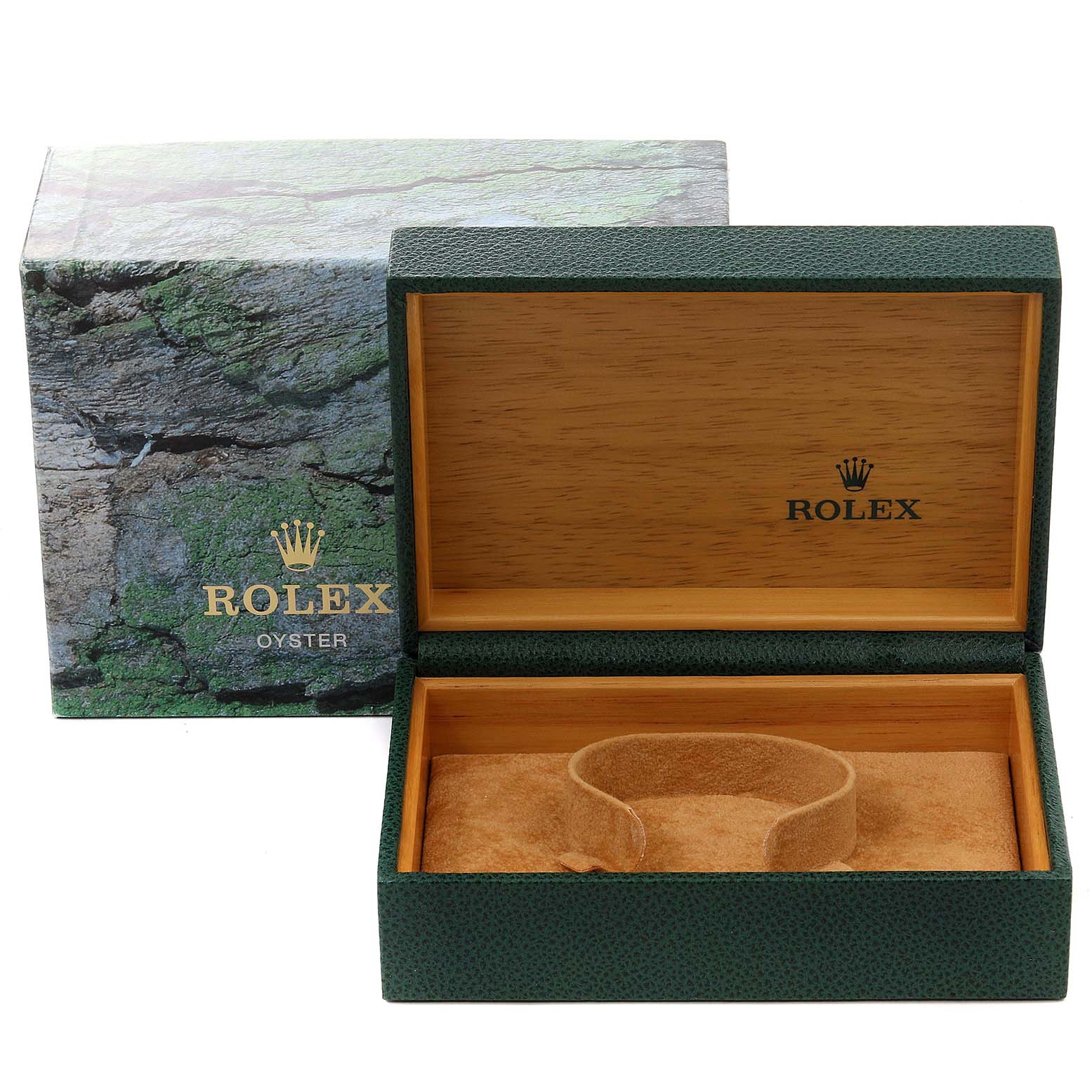 This image shows an empty Rolex Datejust 16233 Men's Steel and Gold (two tone) Silver Dial 16233 Men's Steel and Gold (two tone) Silver Dial watch box and its packaging from a front angle.