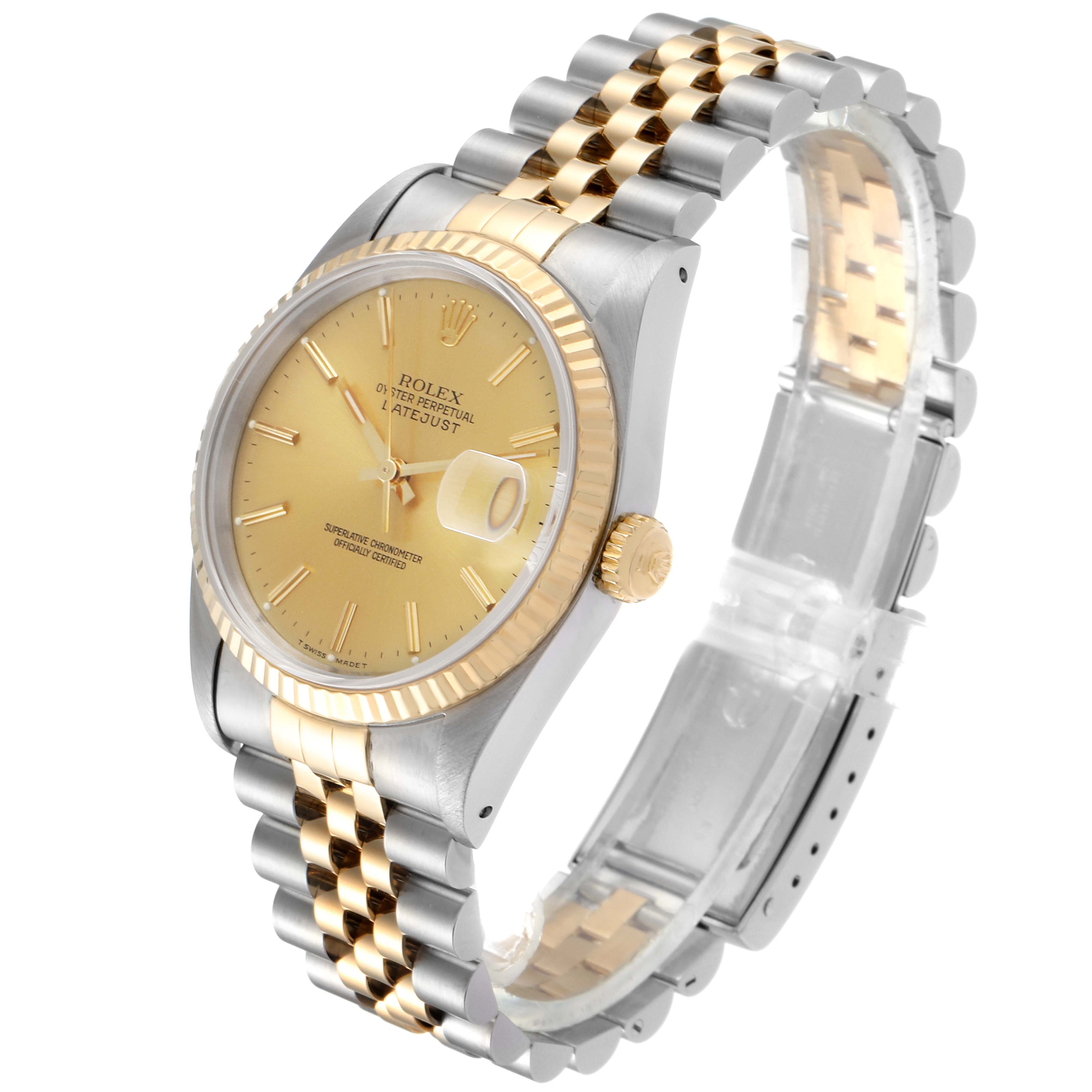 This image shows the Rolex Datejust 16233 Men's Steel and Gold (two tone) Champagne Dial 16233 Men's Steel and Gold (two tone) Champagne Dial watch at a 3/4 angle, highlighting the dial, bezel, crown, and jubilee bracelet.
