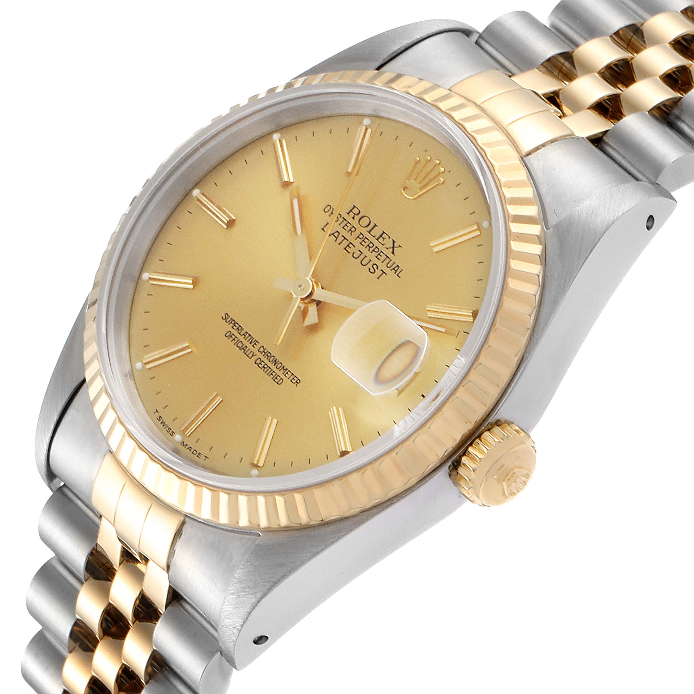 This image shows the dial, bezel, crown, and part of the bracelet of a Rolex Datejust 16233 Men's Steel and Gold (two tone) Champagne Dial 16233 Men's Steel and Gold (two tone) Champagne Dial watch at an angled view.