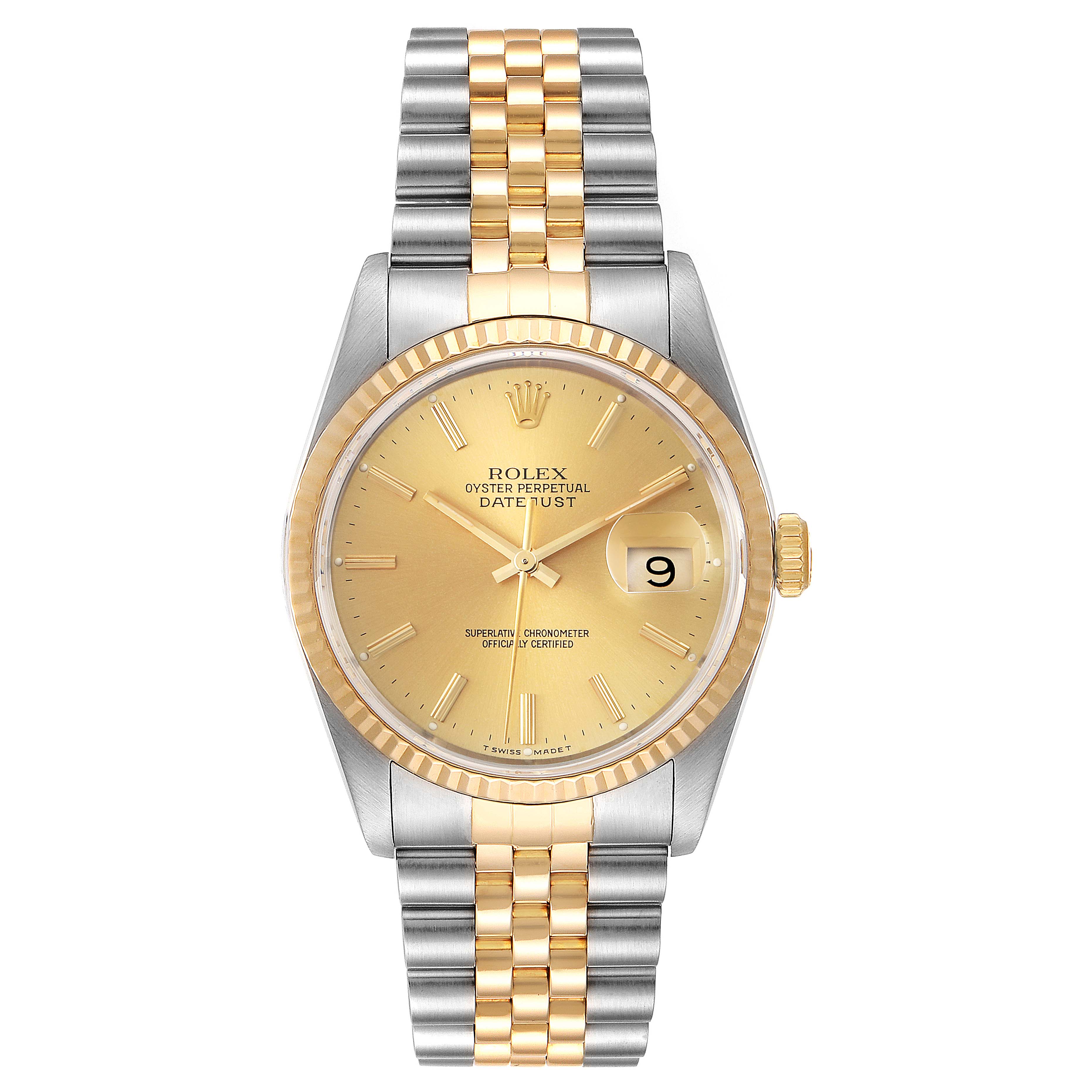 The image shows a front view of a Rolex Datejust 16233 Men's Steel and Gold (two tone) Champagne Dial 16233 Men's Steel and Gold (two tone) Champagne Dial watch, highlighting the dial, two-tone bracelet, and date window.