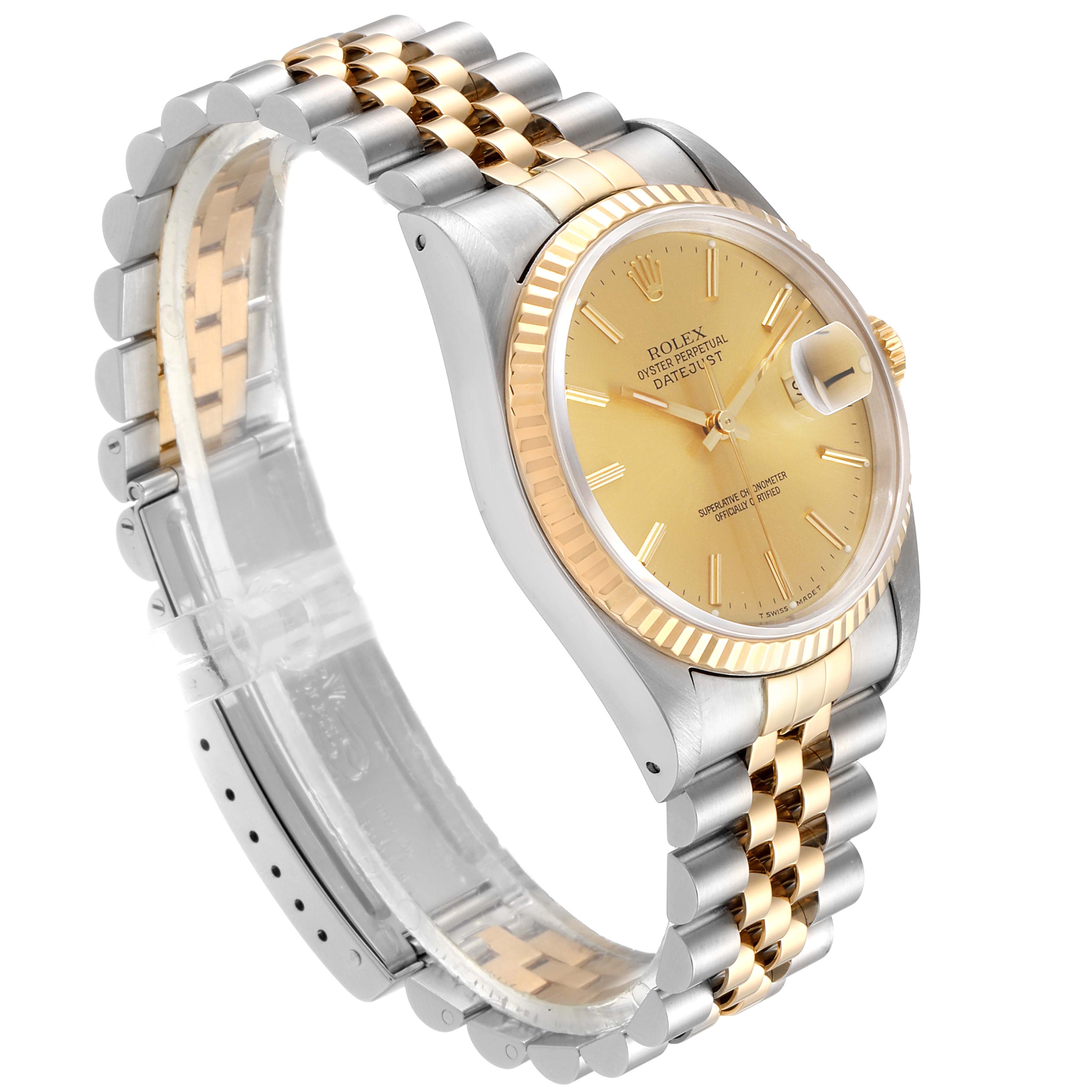 The Rolex Datejust 16233 Men's Steel and Gold (two tone) Champagne Dial 16233 Men's Steel and Gold (two tone) Champagne Dial watch is shown at an angle focusing on the dial, case, and Jubilee bracelet.