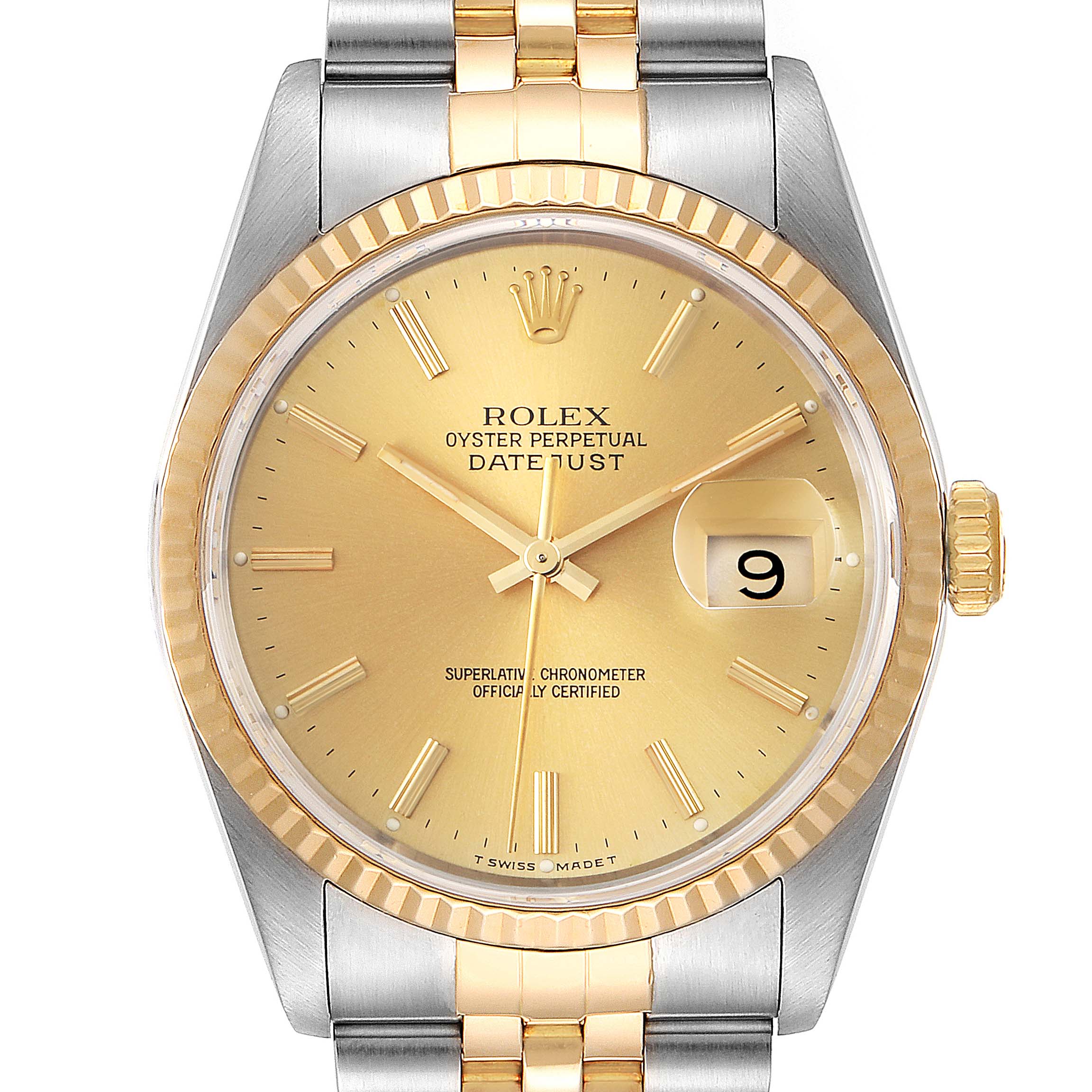 The image shows a front view of the Rolex Datejust 16233 Men's Steel and Gold (two tone) Champagne Dial 16233 Men's Steel and Gold (two tone) Champagne Dial watch, highlighting its dial, bezel, crown, and bracelet.