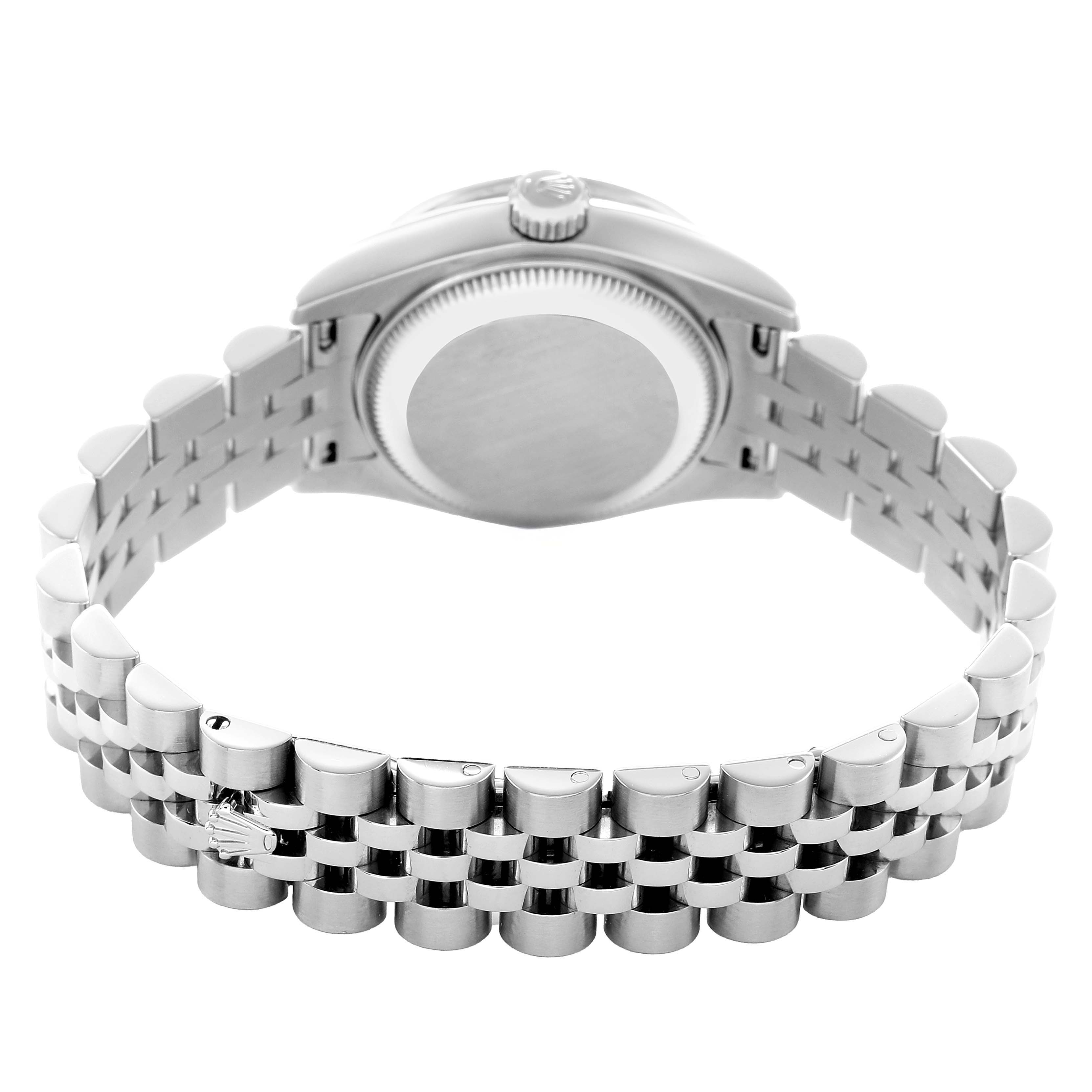 The image shows the back of a Rolex Datejust 179384 Women's Stainless Steel Pink Dial watch, highlighting the case back and Jubilee bracelet.