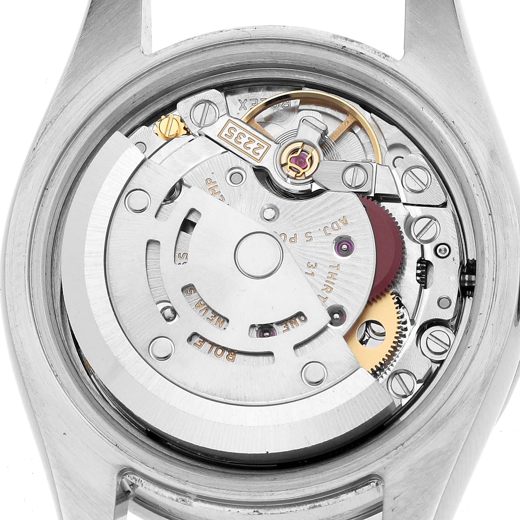 The image shows the internal movement mechanism of a Rolex Datejust 179384 Women's Stainless Steel Pink Dial watch from a top-down angle.