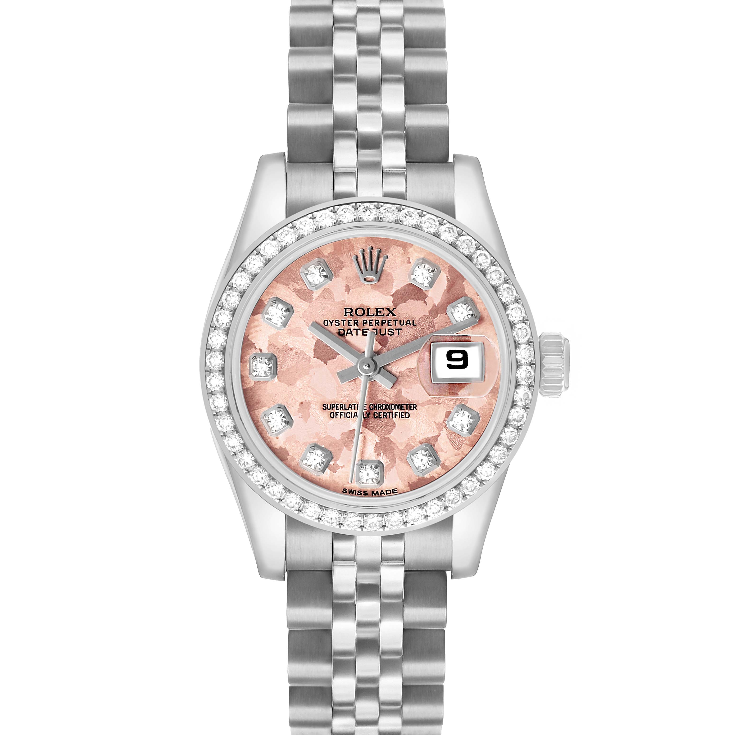 The Rolex Datejust 179384 Women's Stainless Steel Pink Dial watch is shown from the front, featuring the dial, bezel, bracelet, and date display.