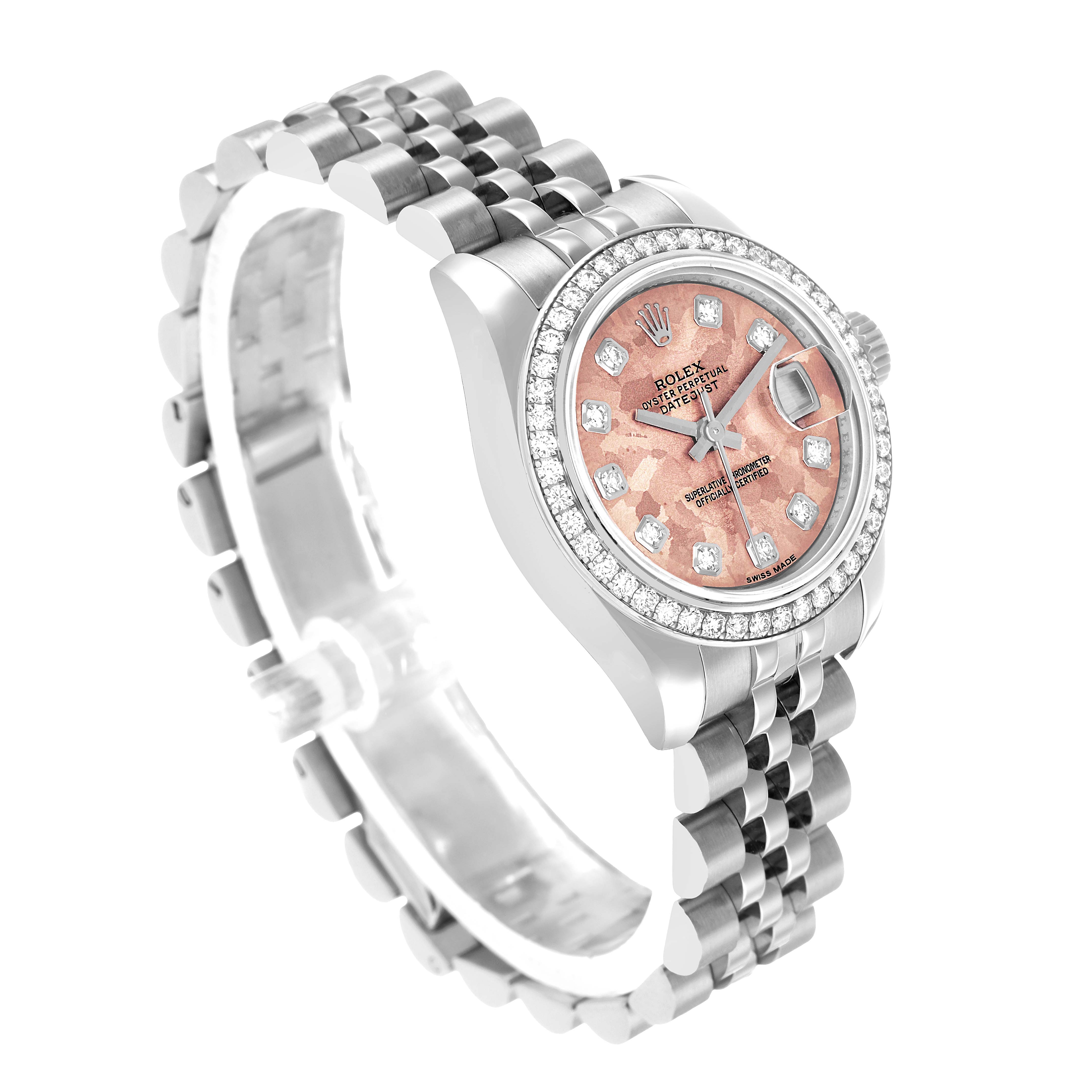 The Rolex Datejust 179384 Women's Stainless Steel Pink Dial is shown at a three-quarter angle, highlighting the case, dial, bracelet, and diamond bezel.