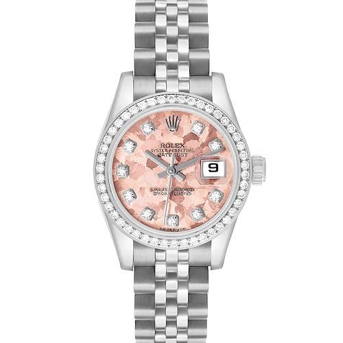 The Rolex Datejust 179384 Women's Stainless Steel Pink Dial watch is shown from above, displaying its face, bezel with diamonds, and bracelet.