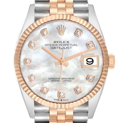 The Rolex Datejust 126231 Men's Steel and Gold (two tone) Mother of Pearl Dial watch is shown from the front, highlighting the dial, bezel, crown, and part of the bracelet.