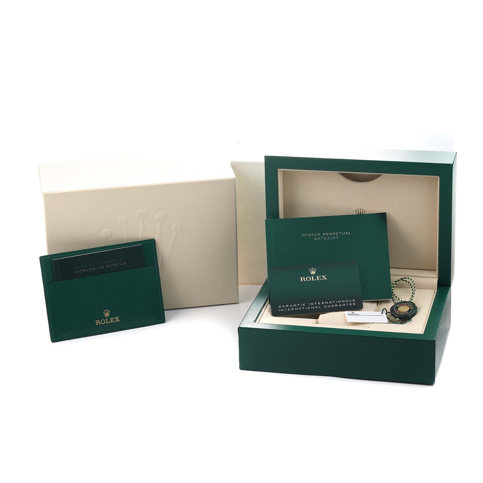 The image shows a Rolex Datejust 126231 Men's Steel and Gold (two tone) Mother of Pearl Dial packaging with guarantee cards, a box, and a beige interior.