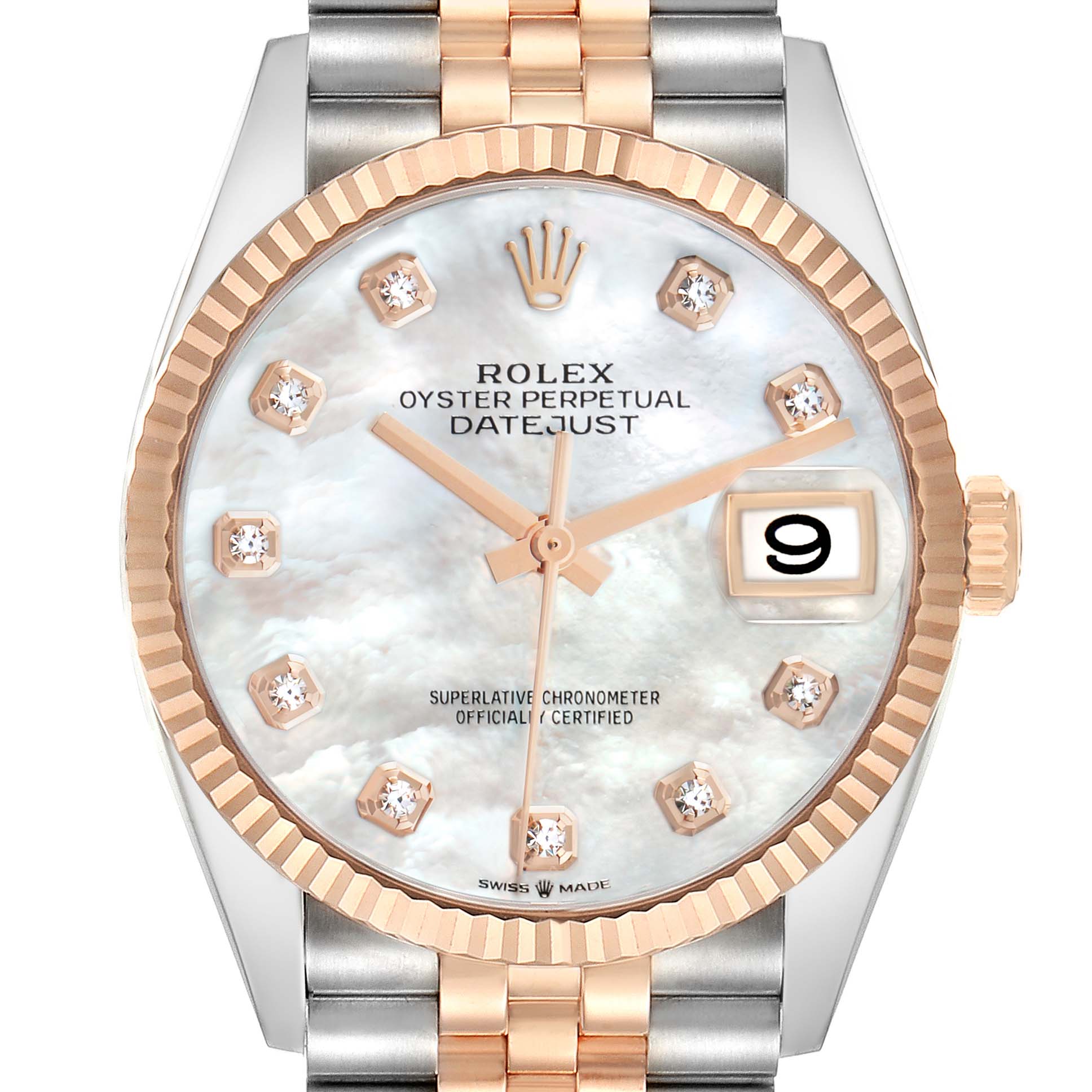 The Rolex Datejust 126231 Men's Steel and Gold (two tone) Mother of Pearl Dial watch is shown from a front angle, highlighting the dial, bezel, crown, and part of the bracelet.