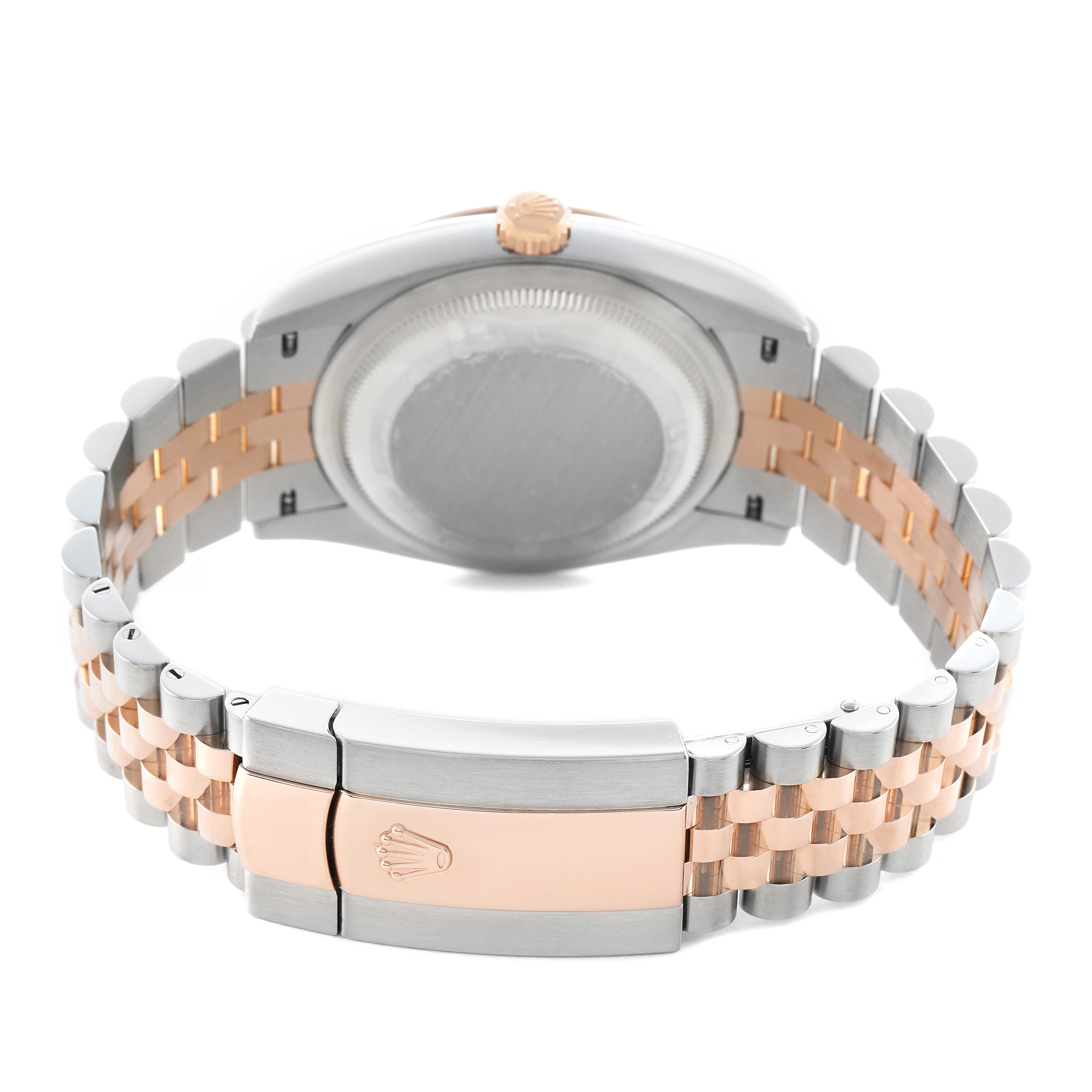 The image shows the back of a Rolex Datejust 126231 Men's Steel and Gold (two tone) Mother of Pearl Dial, highlighting the caseback and Jubilee bracelet clasp.