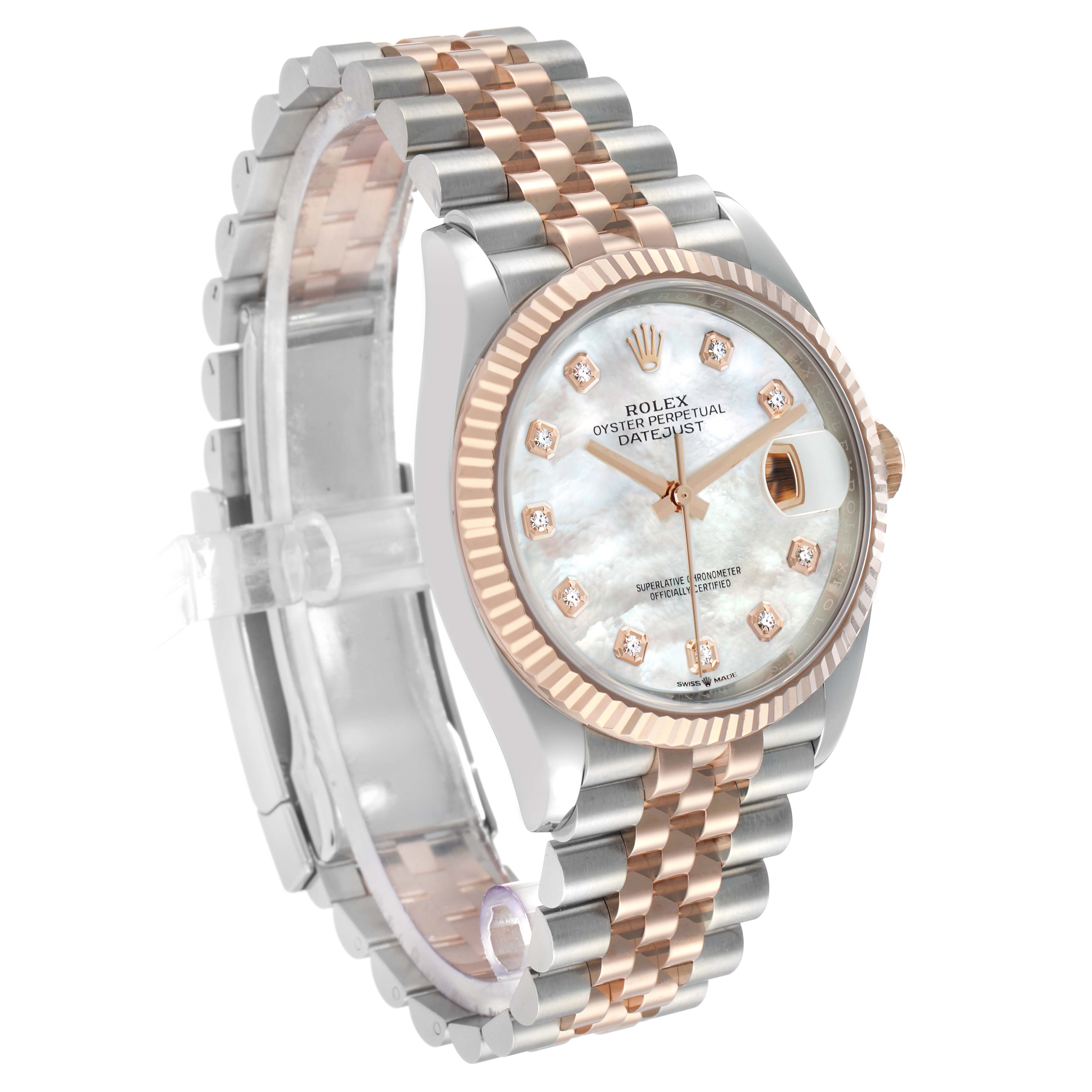 The image shows a Rolex Datejust 126231 Men's Steel and Gold (two tone) Mother of Pearl Dial watch at a front angle, highlighting the dial, bezel, bracelet, and crown.
