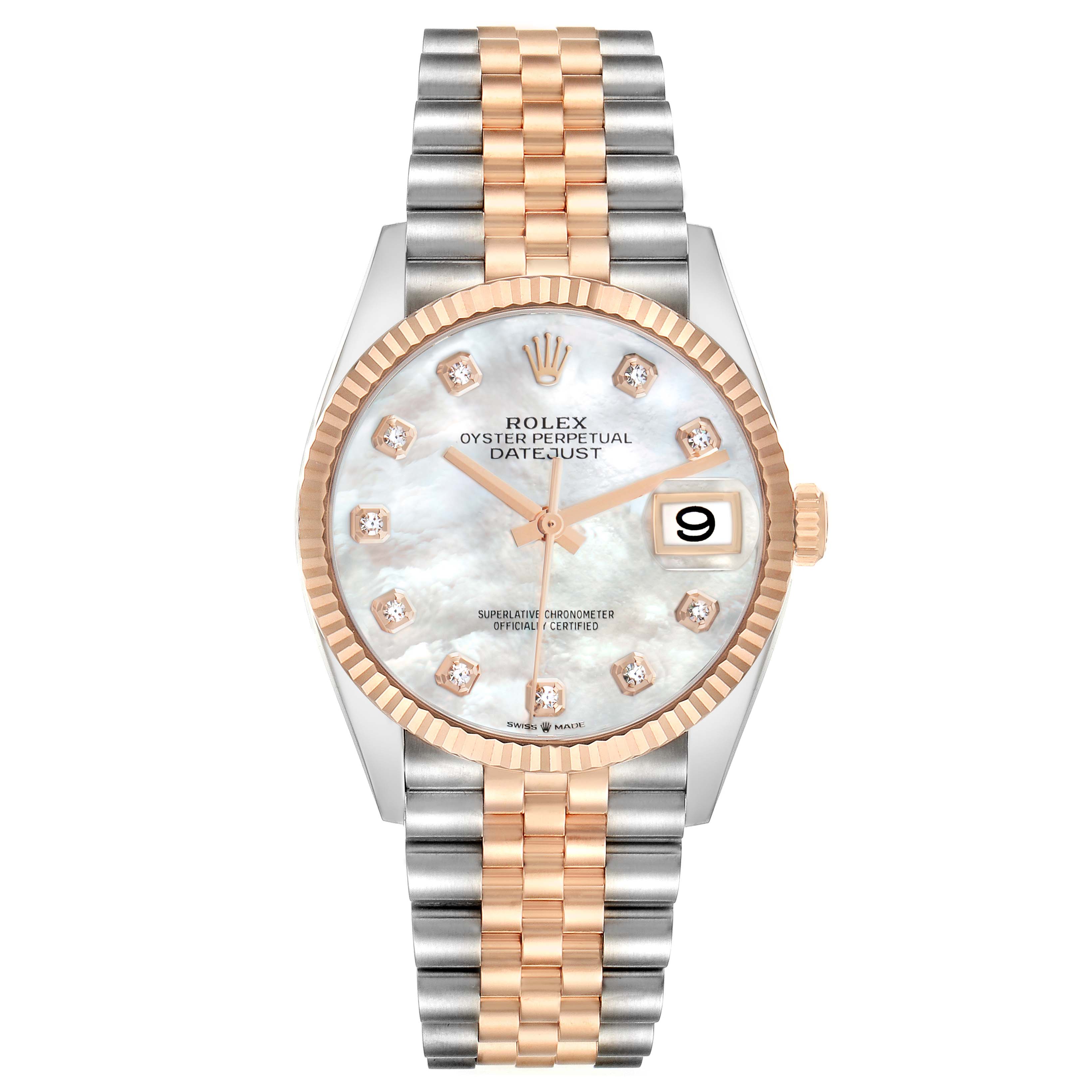 The Rolex Datejust 126231 Men's Steel and Gold (two tone) Mother of Pearl Dial watch is shown from a front angle, highlighting the dial, fluted bezel, and Jubilee bracelet in two-tone metal.