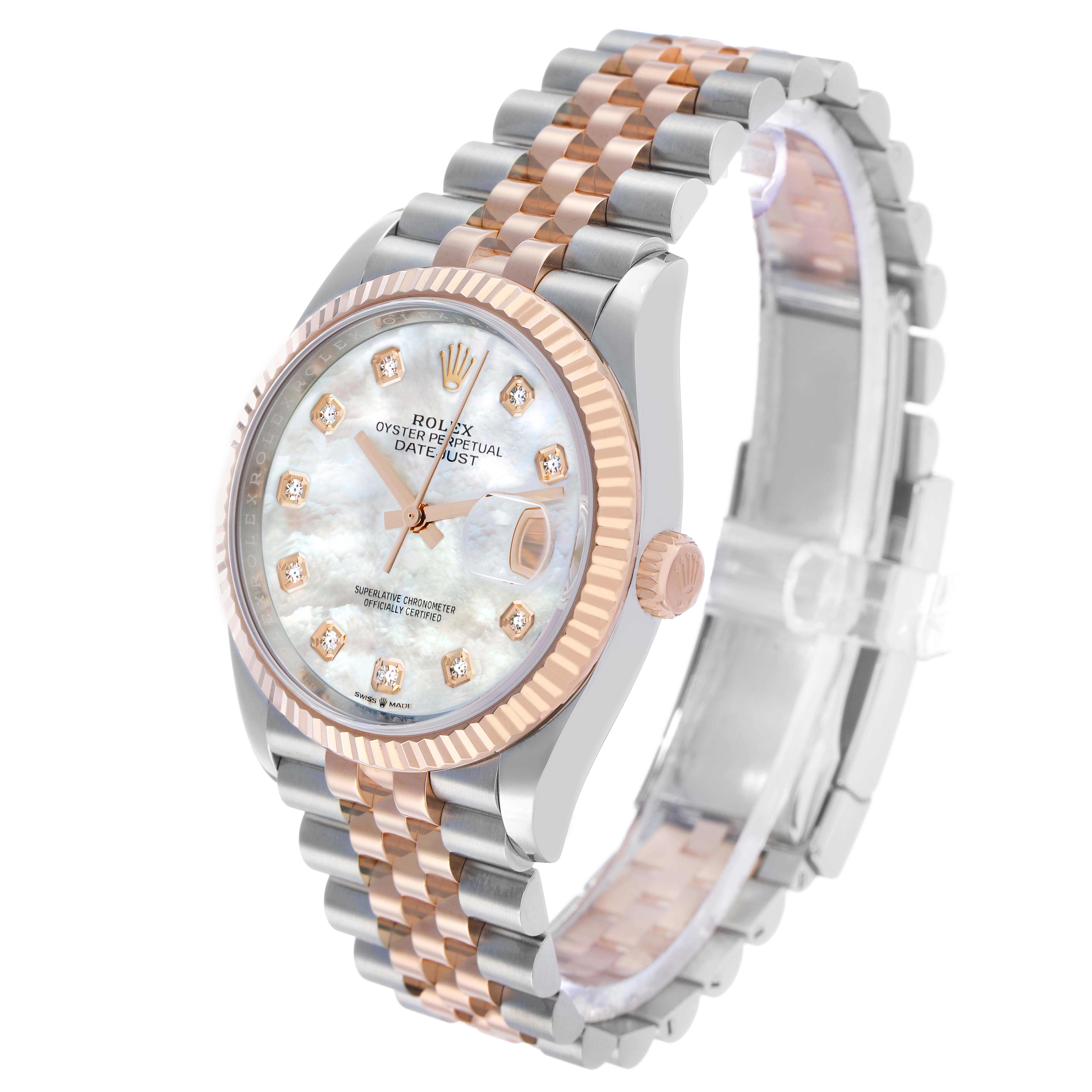 The Rolex Datejust 126231 Men's Steel and Gold (two tone) Mother of Pearl Dial watch is viewed at an angled side perspective, showcasing its dial, bezel, and two-tone bracelet.