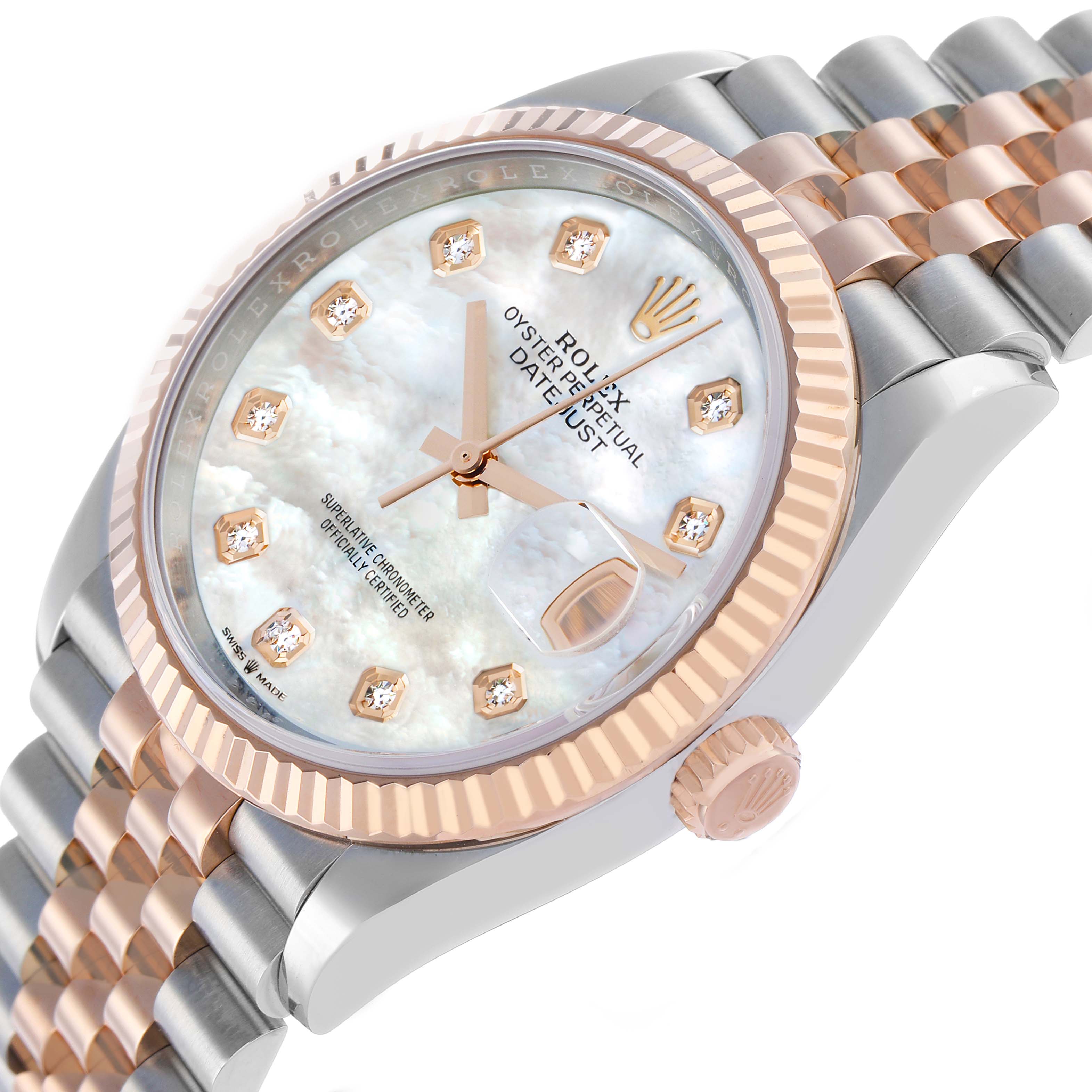 The Rolex Datejust 126231 Men's Steel and Gold (two tone) Mother of Pearl Dial watch is shown from an angled view highlighting the dial, bezel, crown, and part of the bracelet.