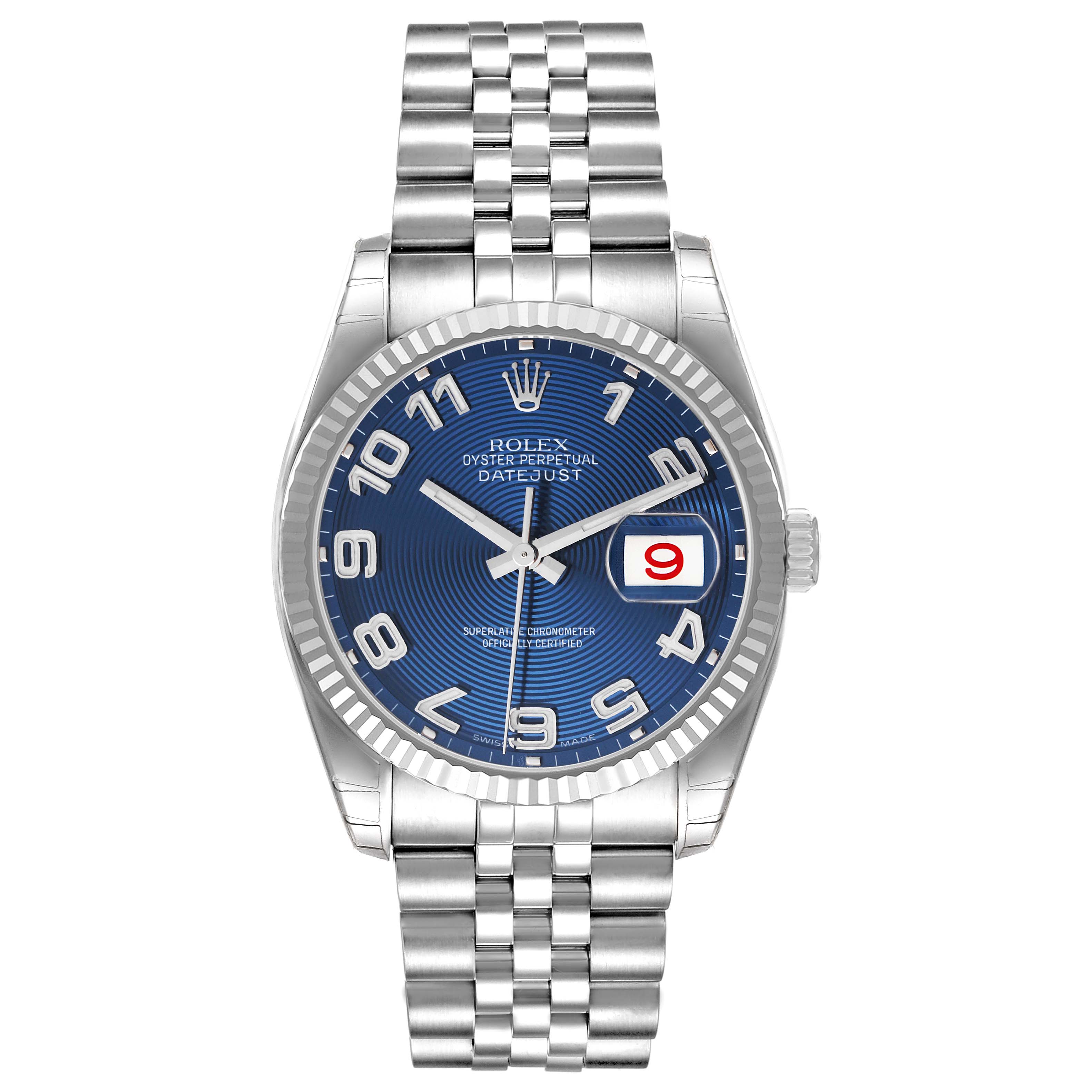 The image shows a front view of the Rolex Datejust 116234 Men's Stainless Steel Blue Dial 116234 Men's Stainless Steel Blue Dial watch, displaying its dial, hands, date window, and bracelet.