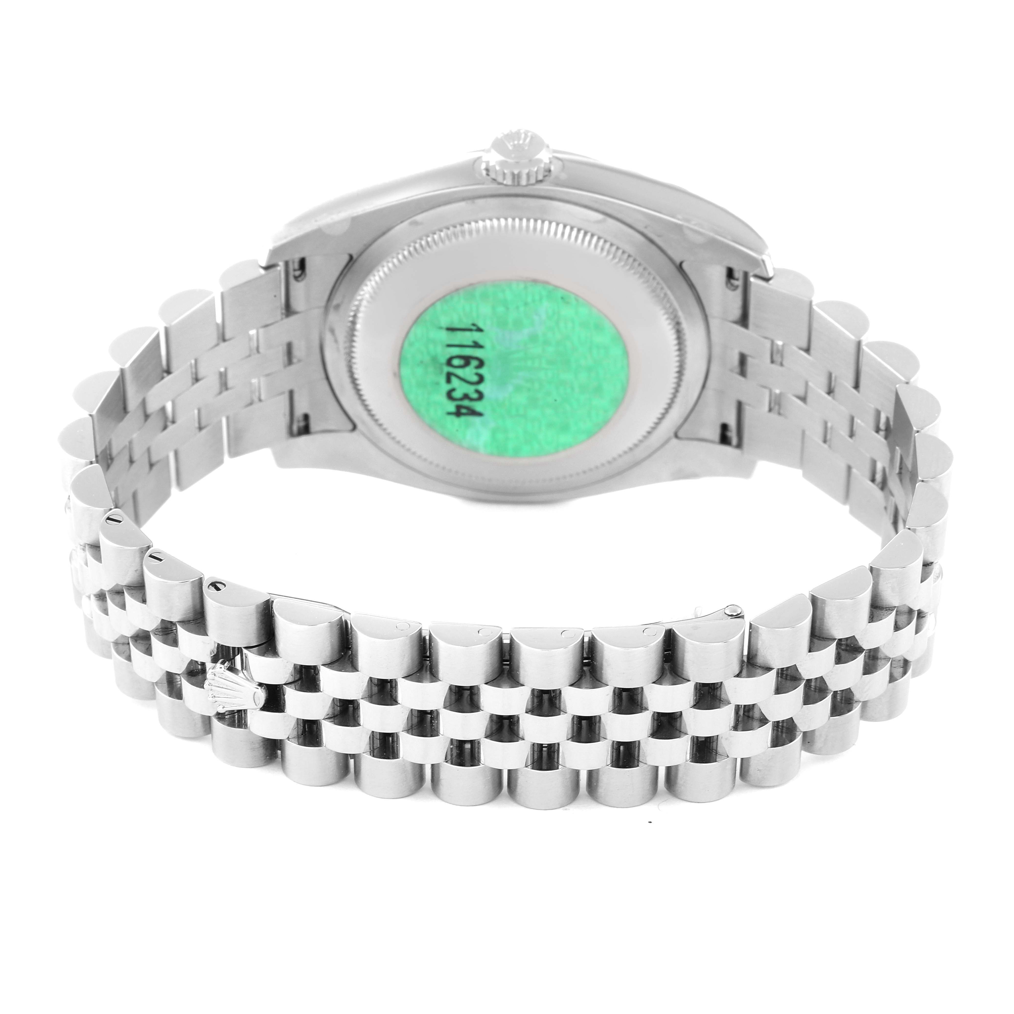 This image shows the back case and bracelet of a Rolex Datejust 116234 Men's Stainless Steel Blue Dial 116234 Men's Stainless Steel Blue Dial watch from a rear angle.