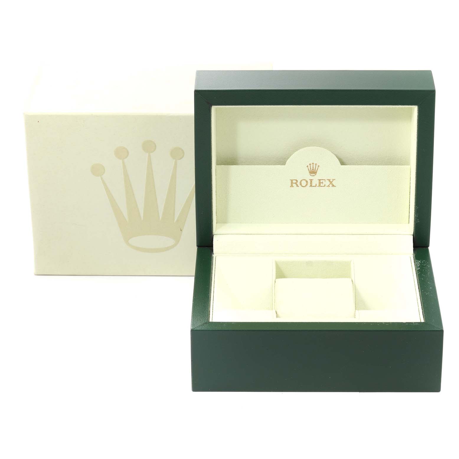 This image shows a green Rolex Datejust 116234 Men's Stainless Steel Blue Dial 116234 Men's Stainless Steel Blue Dial watch box, open with its beige interior and the Rolex logo inside, along with its closed outer box.