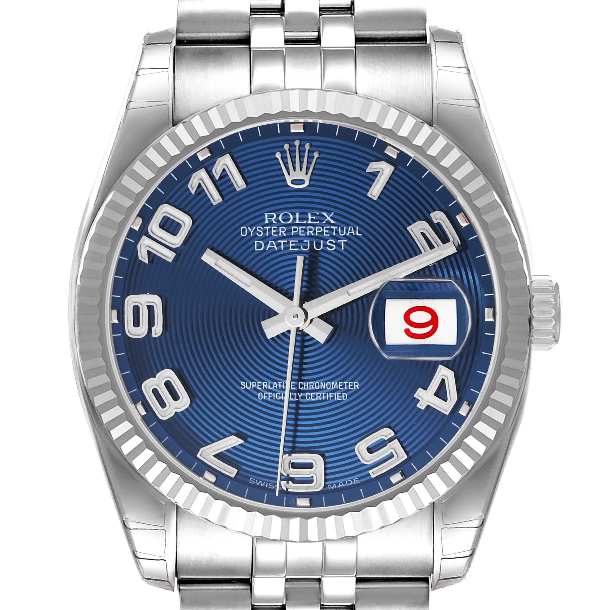 The image shows a frontal view of a Rolex Datejust 116234 Men's Stainless Steel Blue Dial 116234 Men's Stainless Steel Blue Dial watch featuring a blue dial, silver hour markers, and date display.
