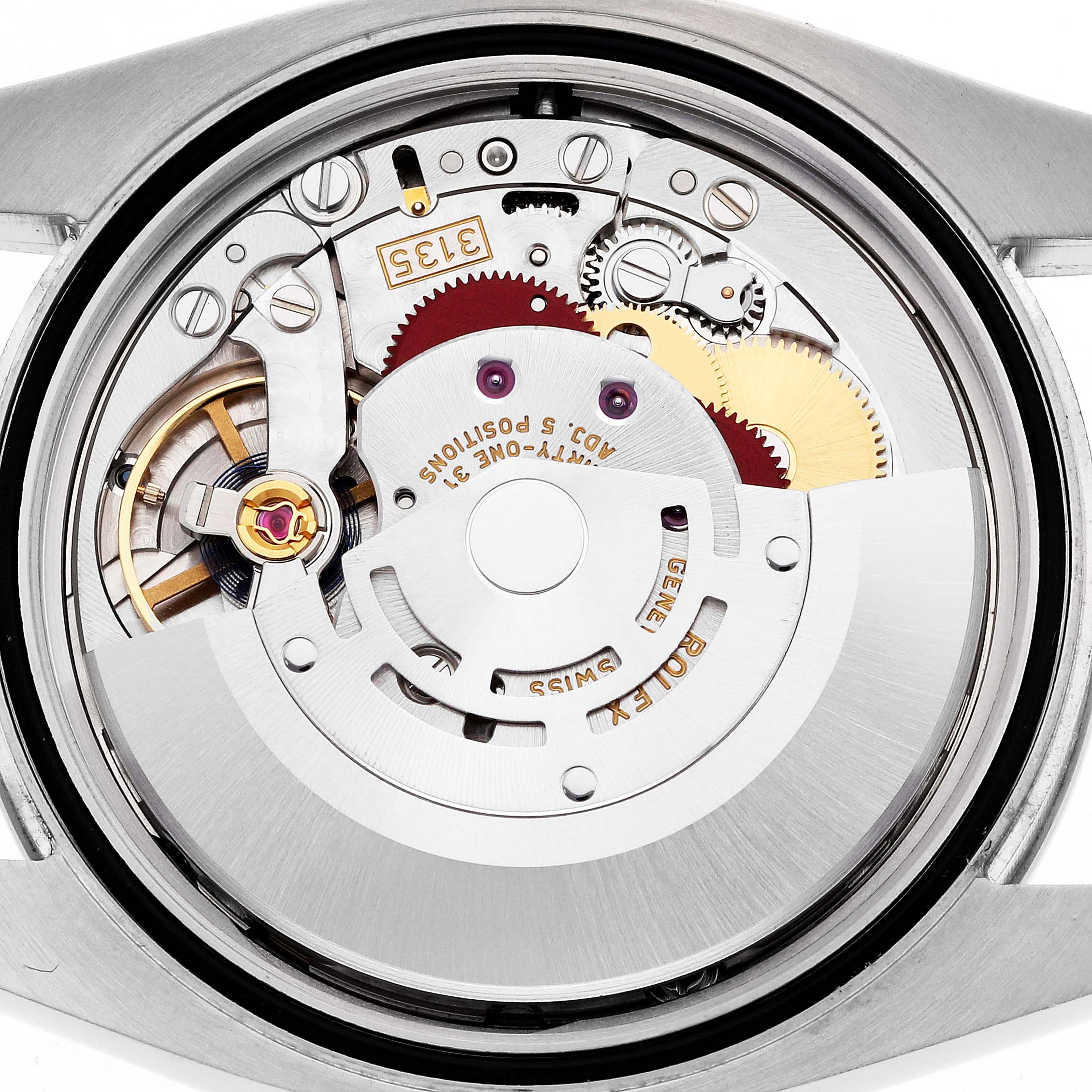 The image shows the intricate movement and interior components of a Rolex Datejust 116244 Men's Stainless Steel Mother of Pearl Dial watch from a back angle.