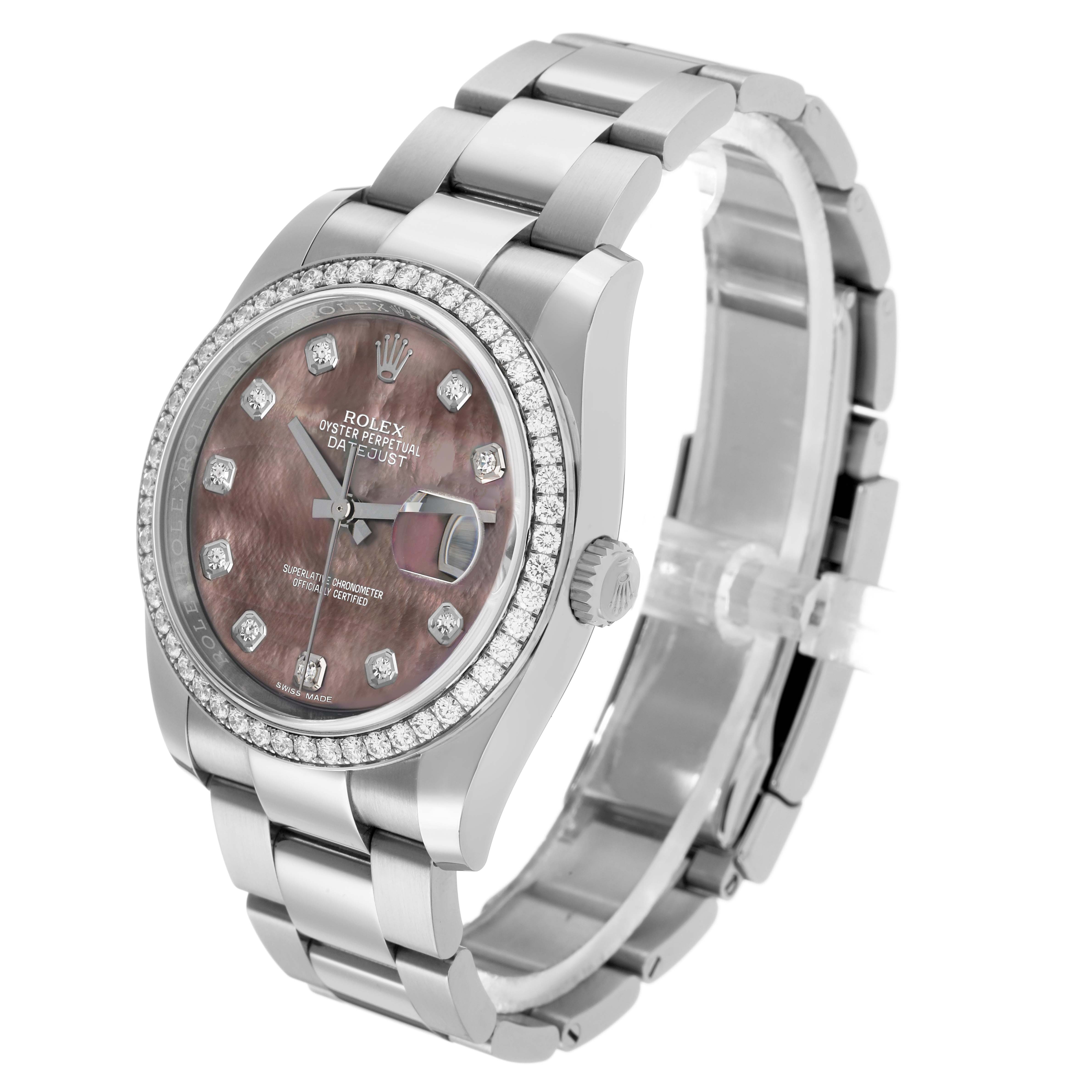 The Rolex Datejust 116244 Men's Stainless Steel Mother of Pearl Dial watch is shown from a slightly angled view, highlighting the dial, bezel, crown, and bracelet.