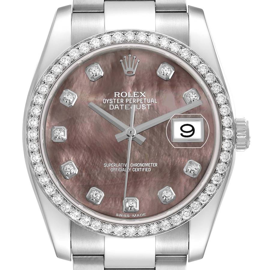 The Rolex Datejust 116244 Men's Stainless Steel Mother of Pearl Dial is shown from a top-down angle, highlighting the dial, bezel, and part of the bracelet.