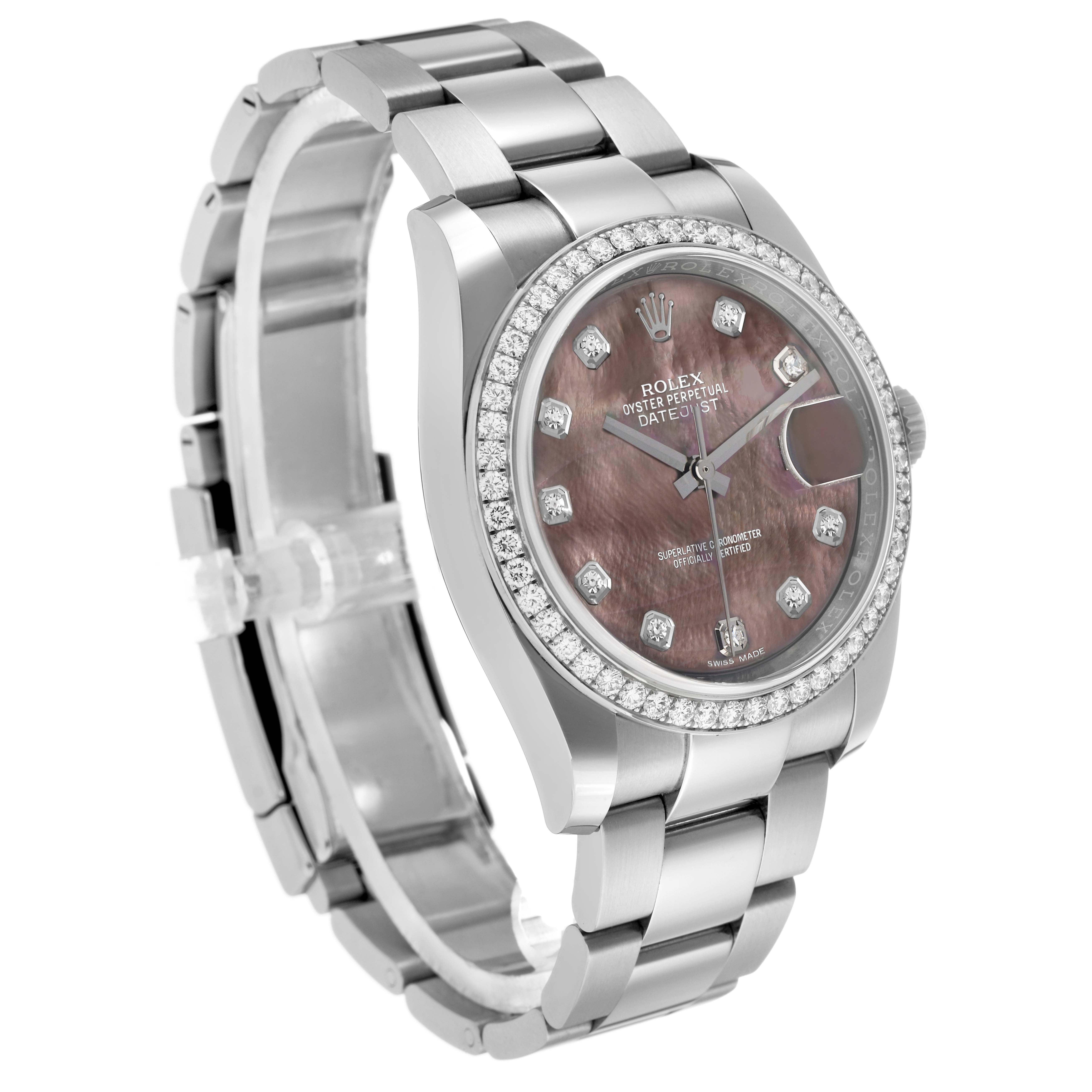 The Rolex Datejust 116244 Men's Stainless Steel Mother of Pearl Dial watch is shown at a three-quarter angle, highlighting its bezel, dial, bracelet, and crown.