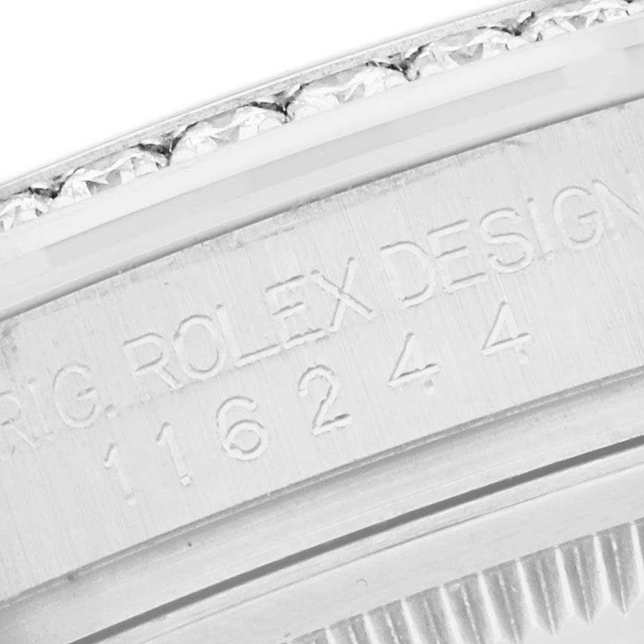 The image shows an angled close-up of the side engraving on a Rolex Datejust 116244 Men's Stainless Steel Mother of Pearl Dial, focusing on the model number.