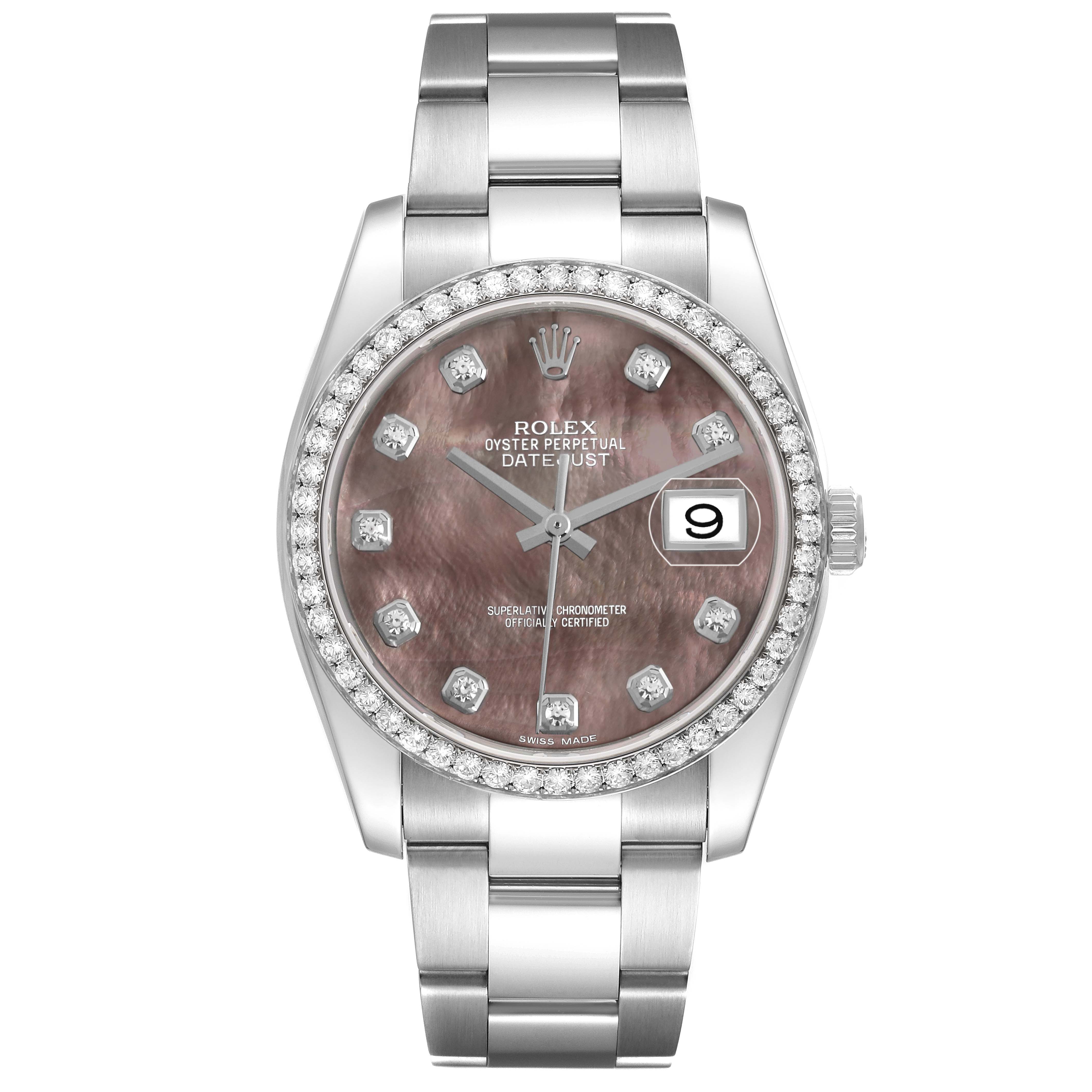 The Rolex Datejust 116244 Men's Stainless Steel Mother of Pearl Dial watch is shown from a top-down angle, highlighting the face, diamond bezel, and bracelet.