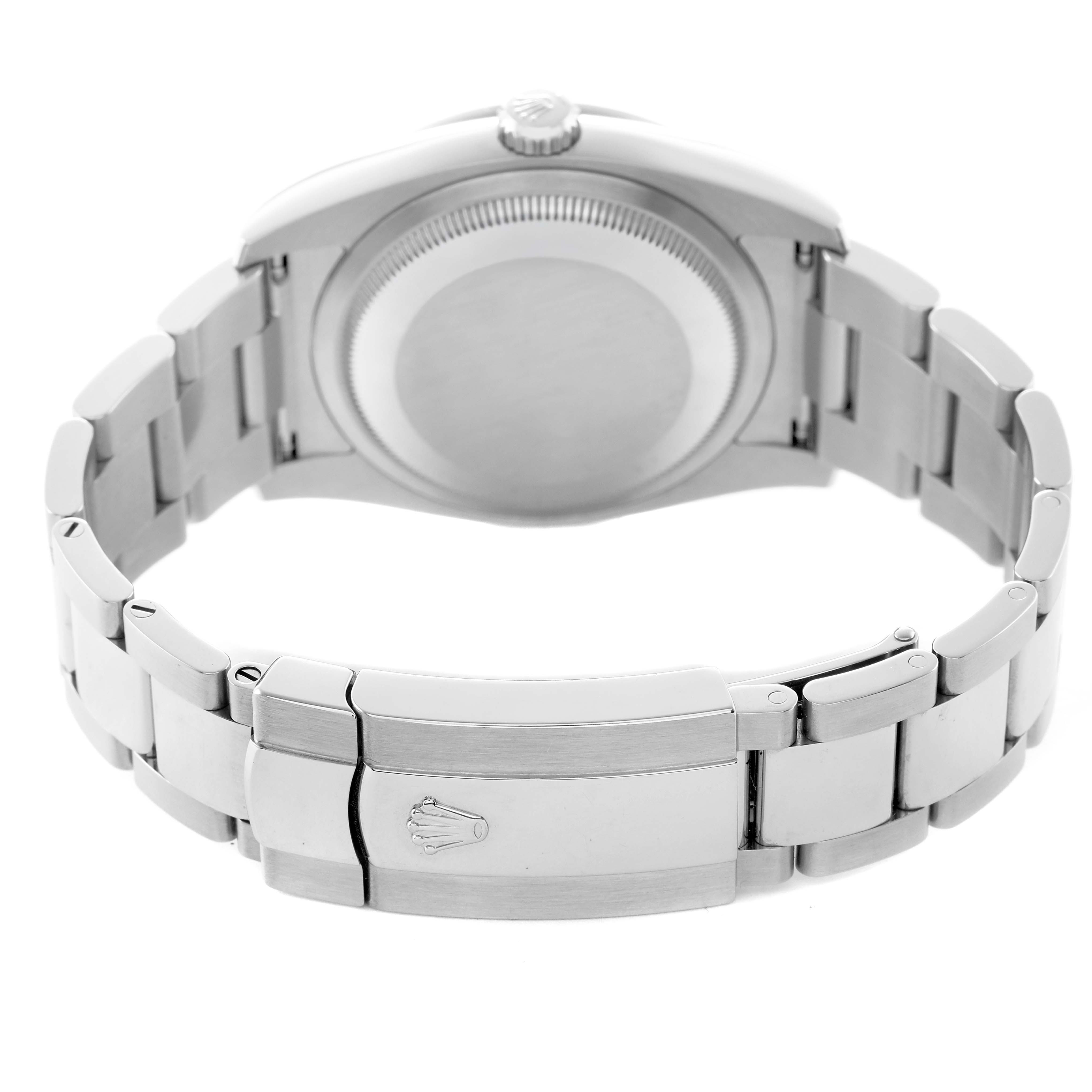 The image shows the back and clasp of a Rolex Datejust 116244 Men's Stainless Steel Mother of Pearl Dial watch, highlighting its stainless steel bracelet and Rolex logo.