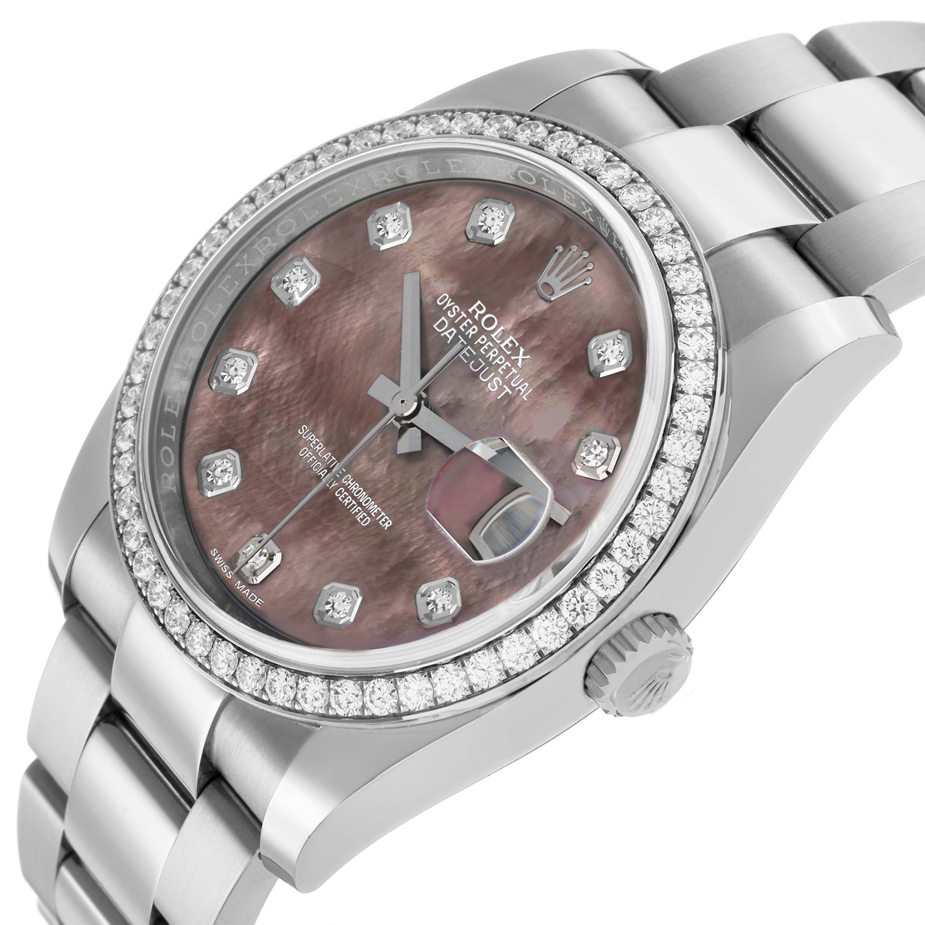 The Rolex Datejust 116244 Men's Stainless Steel Mother of Pearl Dial is shown at an angled view, highlighting the dial, bezel, crown, and part of the bracelet.