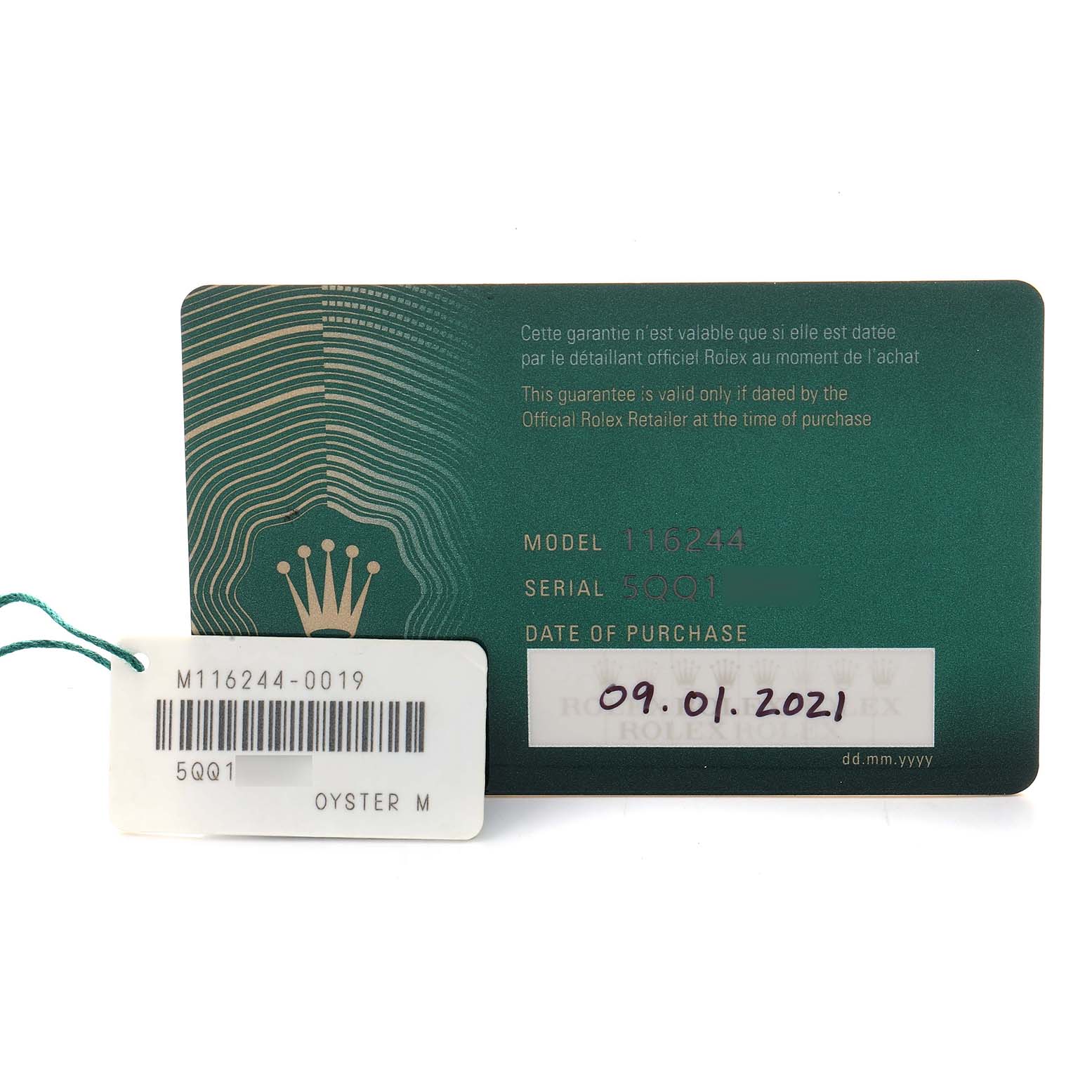 The image shows a Rolex Datejust 116244 Men's Stainless Steel Mother of Pearl Dial warranty card and a tag with the model and serial number.