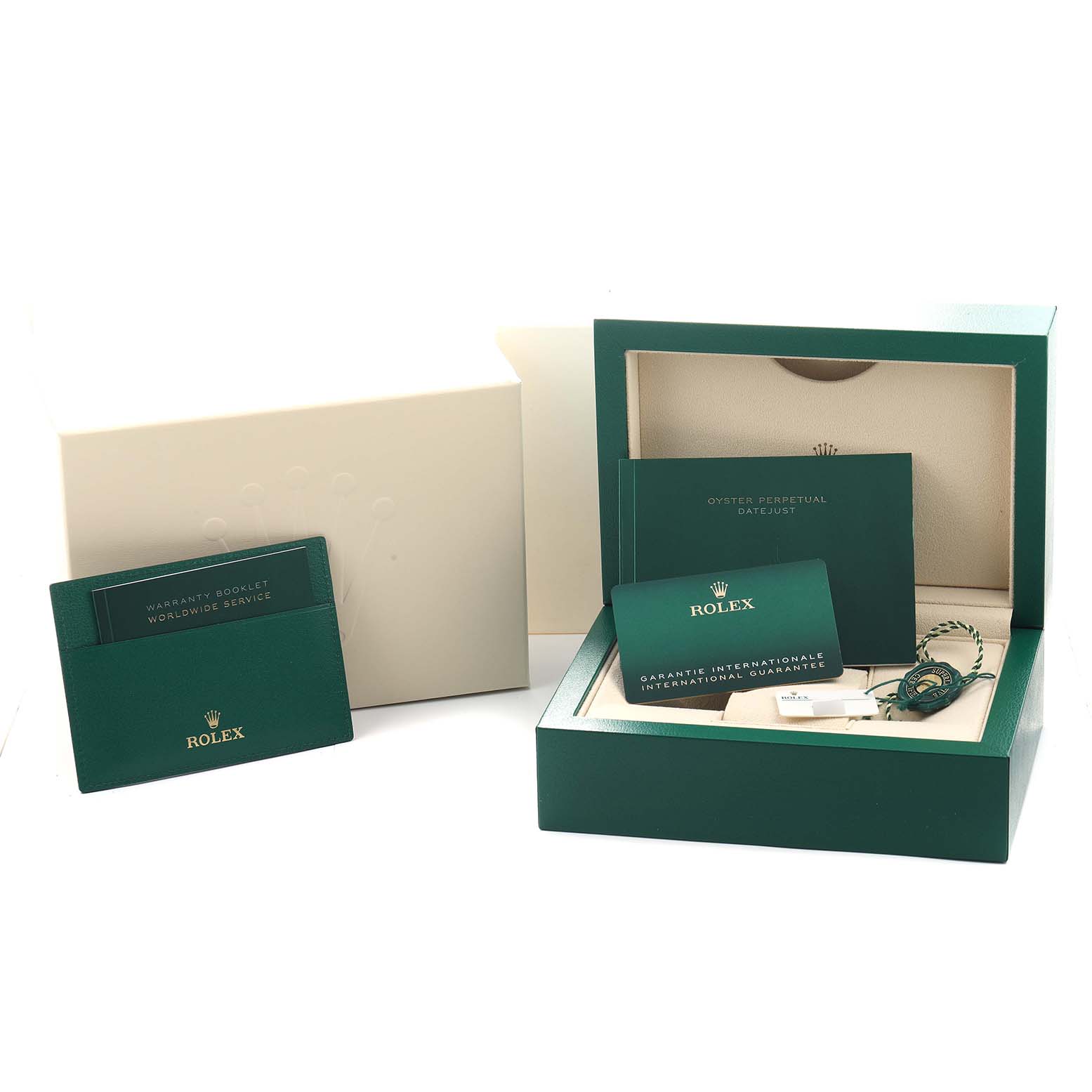 The image shows the packaging and accessories of a Rolex Datejust 116244 Men's Stainless Steel Mother of Pearl Dial, including warranty booklets and a box.