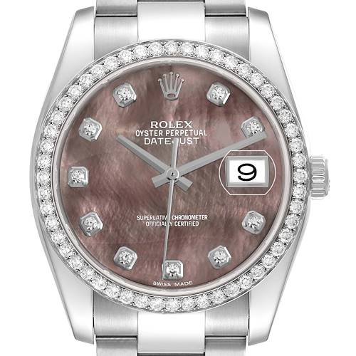 The Rolex Datejust 116244 Men's Stainless Steel Mother of Pearl Dial is shown from a front angle, highlighting its diamond bezel, mother-of-pearl dial, and date feature.