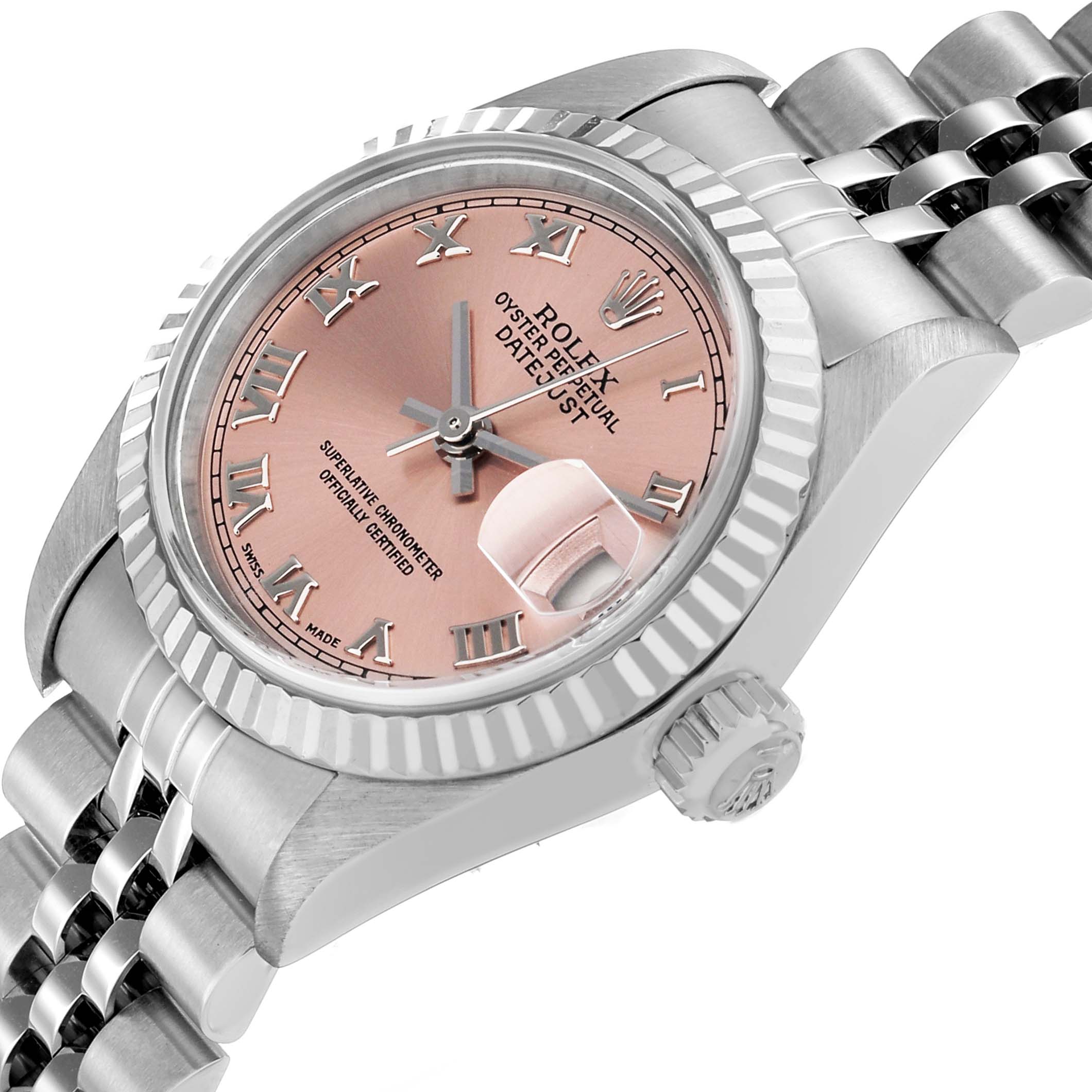 The Rolex Datejust 79174 Women's Stainless Steel Pink Dial watch is shown from a three-quarter angle, displaying the dial, bezel, crown, and part of the bracelet.