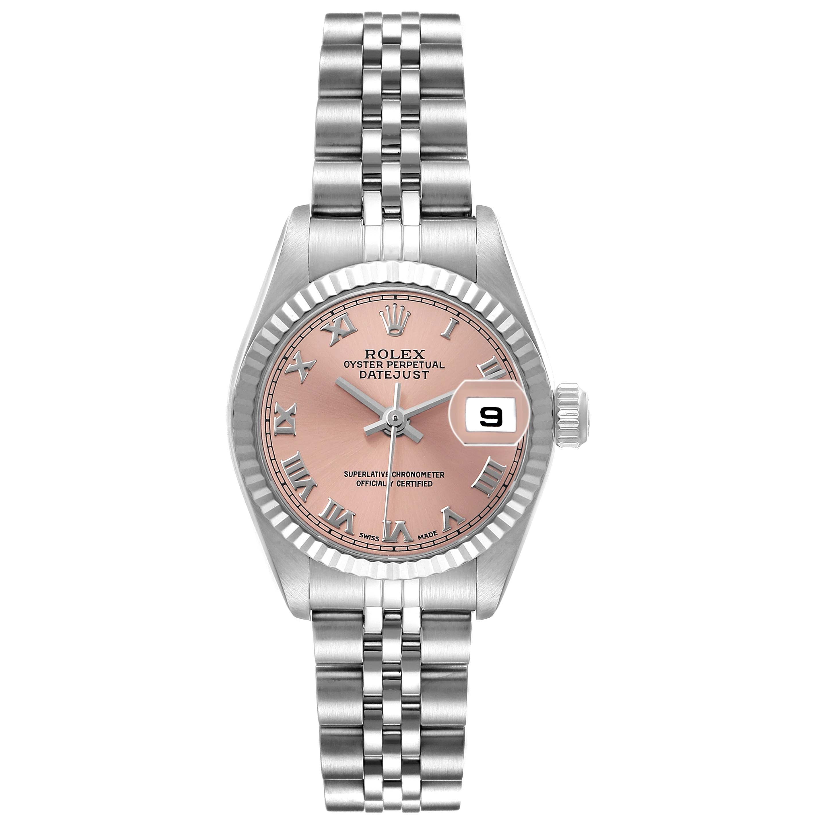 The image shows a Rolex Datejust 79174 Women's Stainless Steel Pink Dial watch from a top-down angle featuring the dial, bezel, bracelet, and crown.
