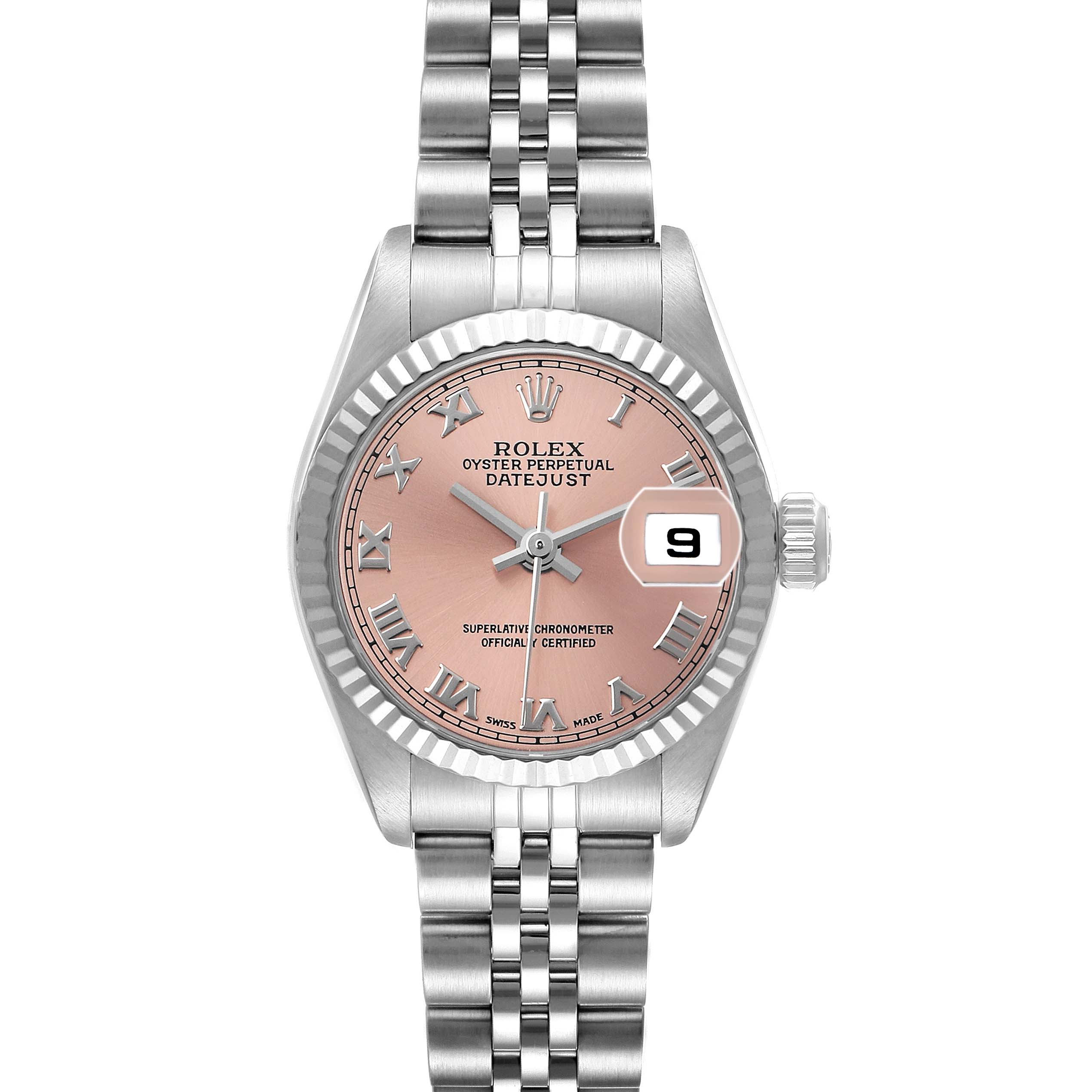 The Rolex Datejust 79174 Women's Stainless Steel Pink Dial watch is shown from a direct front angle, displaying its pink dial, fluted bezel, and Jubilee bracelet.