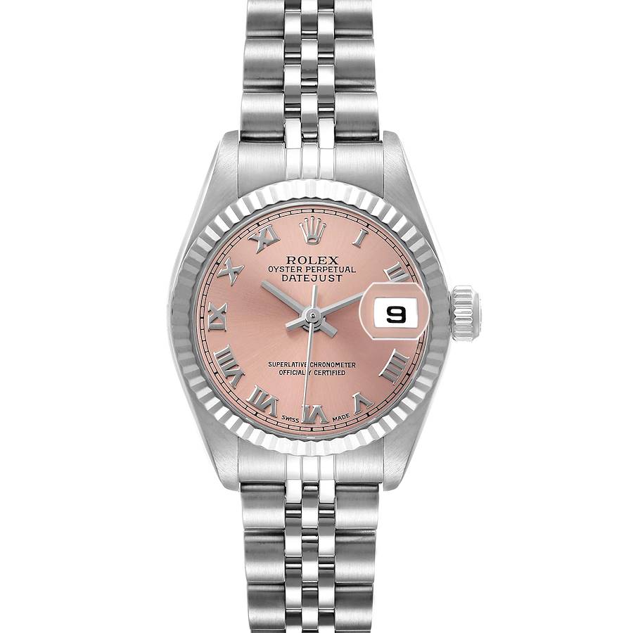 The Rolex Datejust 79174 Women's Stainless Steel Pink Dial watch is shown from a direct front angle, displaying its pink dial, fluted bezel, and Jubilee bracelet.