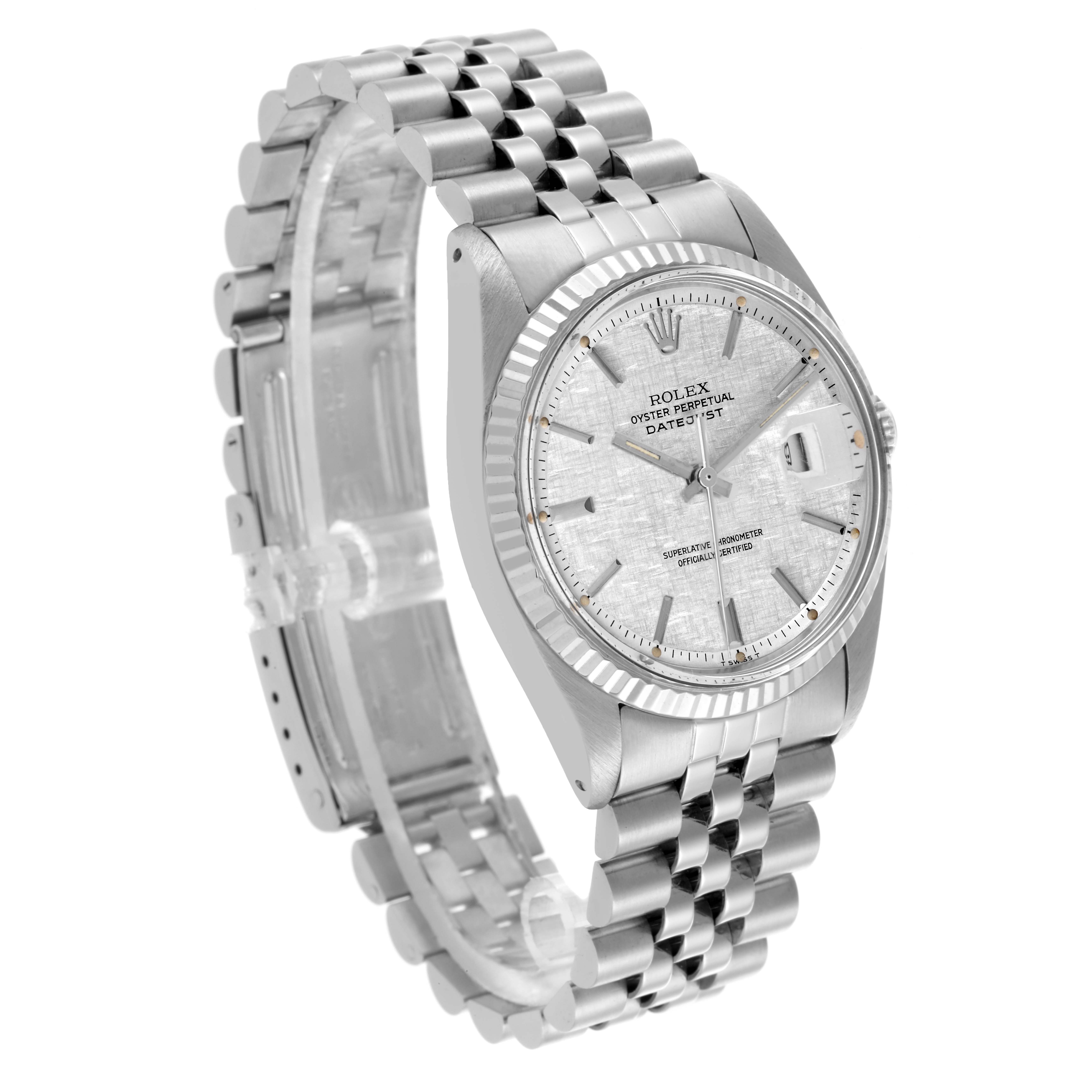 The Rolex Vintage Collection 1601 Men's Stainless Steel Silver Dial 1601 Men's Stainless Steel Silver Dial model is shown at a three-quarter angle, highlighting the dial, bezel, and bracelet.