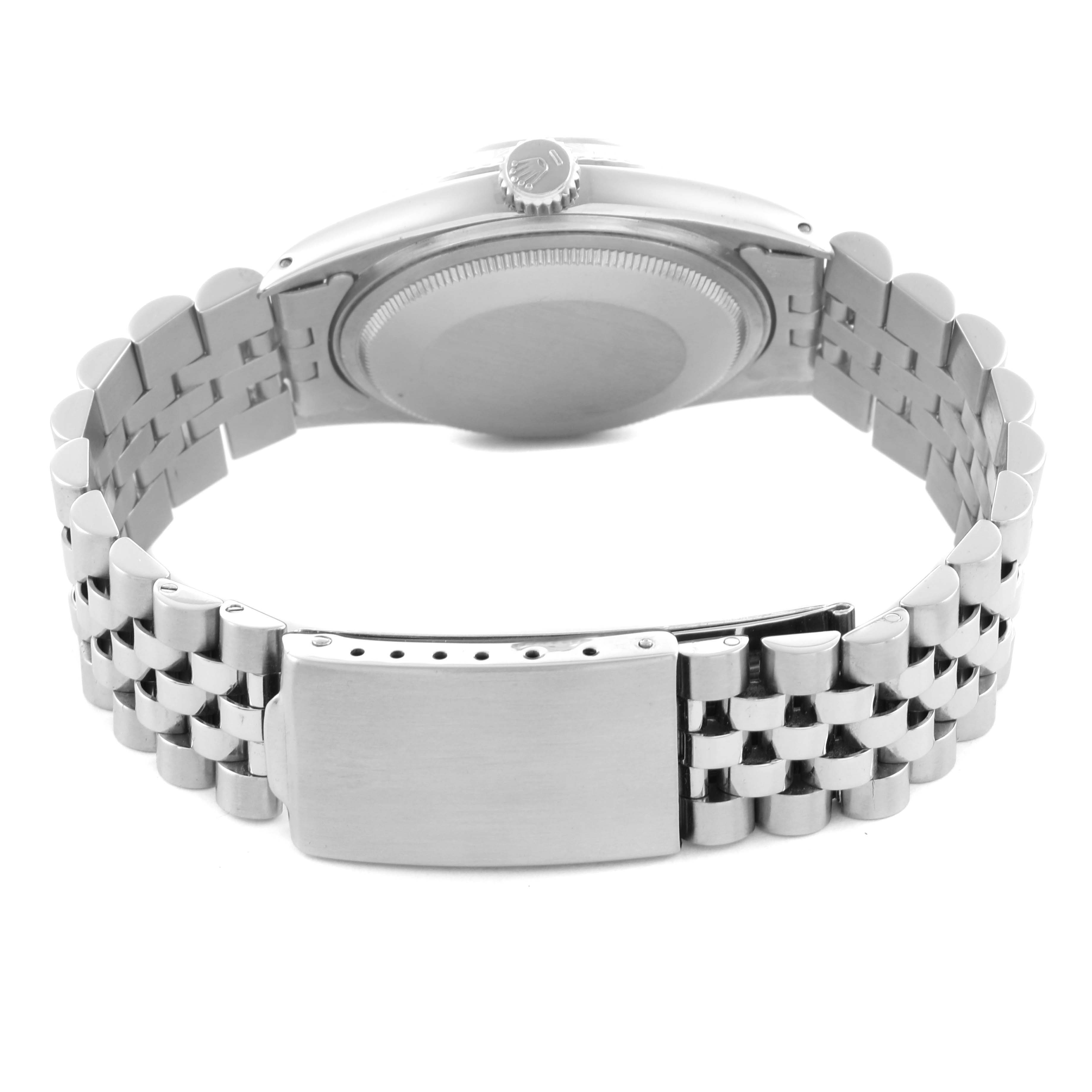 The Rolex Vintage Collection 1601 Men's Stainless Steel Silver Dial 1601 Men's Stainless Steel Silver Dial model is shown from the back, displaying the clasp, bracelet, and case back.