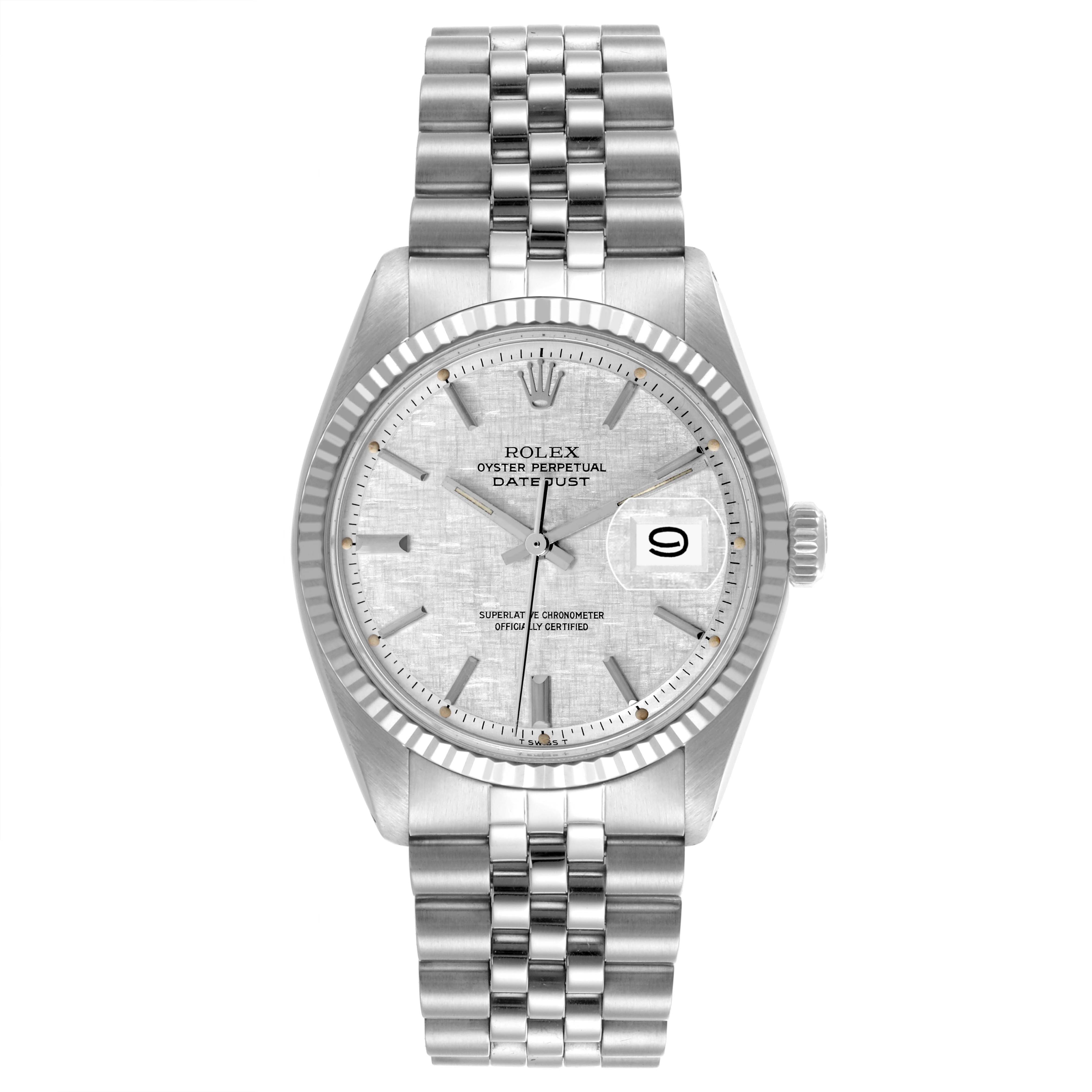 The Rolex Vintage Collection 1601 Men's Stainless Steel Silver Dial 1601 Men's Stainless Steel Silver Dial watch is shown from a front angle, displaying its face, bezel, and bracelet.