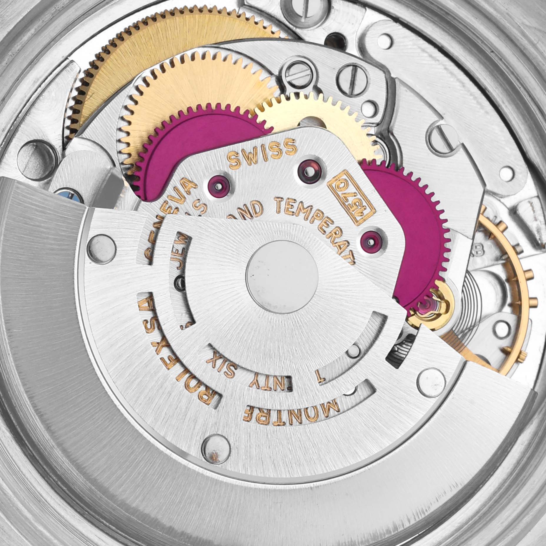 The image shows a close-up of the Rolex Vintage Collection 1601 Men's Stainless Steel Silver Dial 1601 Men's Stainless Steel Silver Dial watch's inner movement, highlighting gears and mechanical components.
