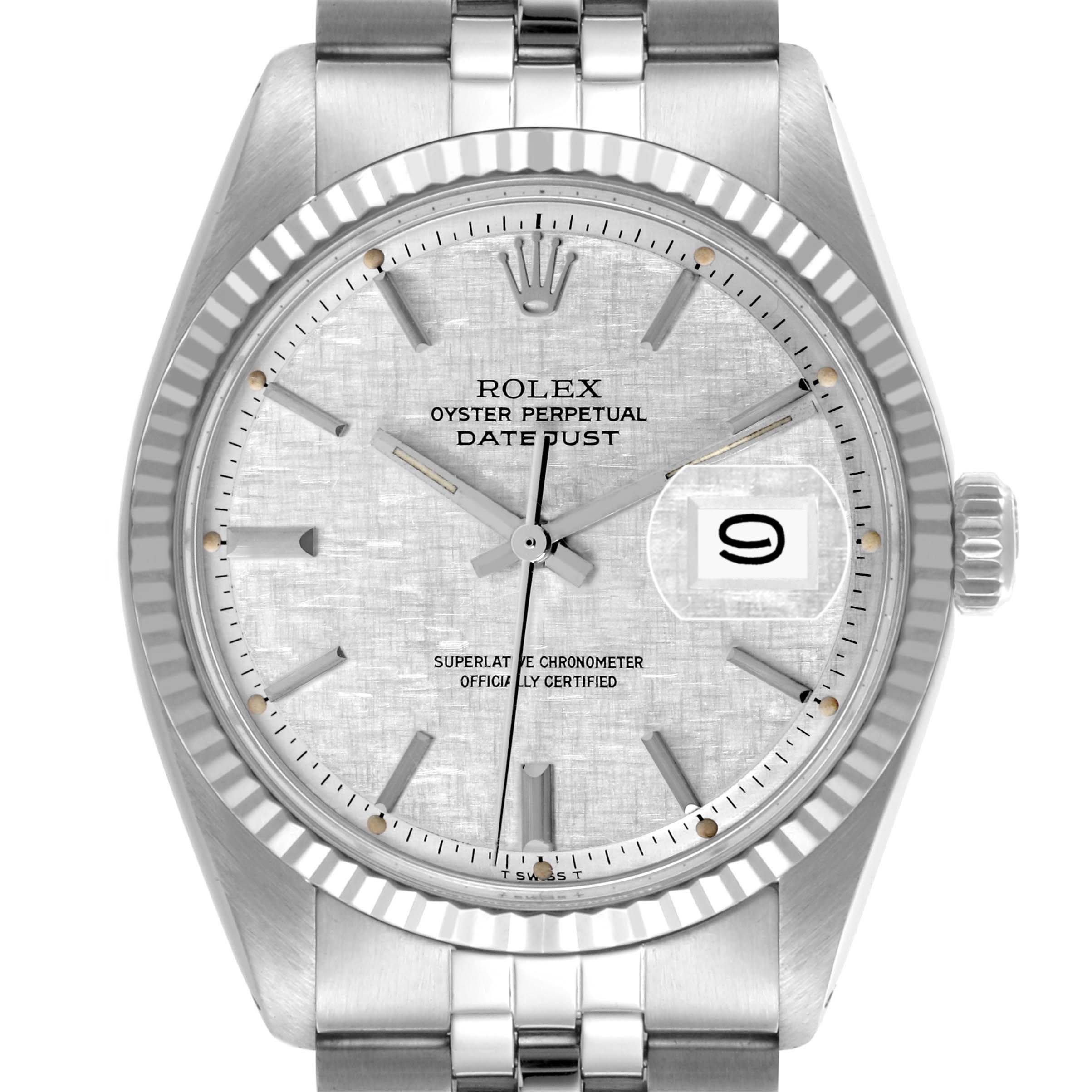 The Rolex Vintage Collection 1601 Men's Stainless Steel Silver Dial 1601 Men's Stainless Steel Silver Dial watch is shown from the front, featuring its face, bezel, crown, and part of the bracelet.